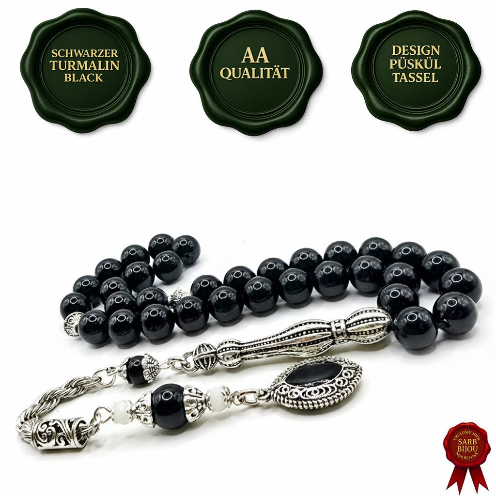 M-Punkt24 Kettenanhänger Tesbih Tespih Naturstein Küre Rund (Siyah Schwarzer Natur Turmalim, Subha, Misbah, Rosary, Gebetskette), Design Püskül, inkl. ETUI, *SONDERPREIS WEGEN PRODUKT NEUHEIT*