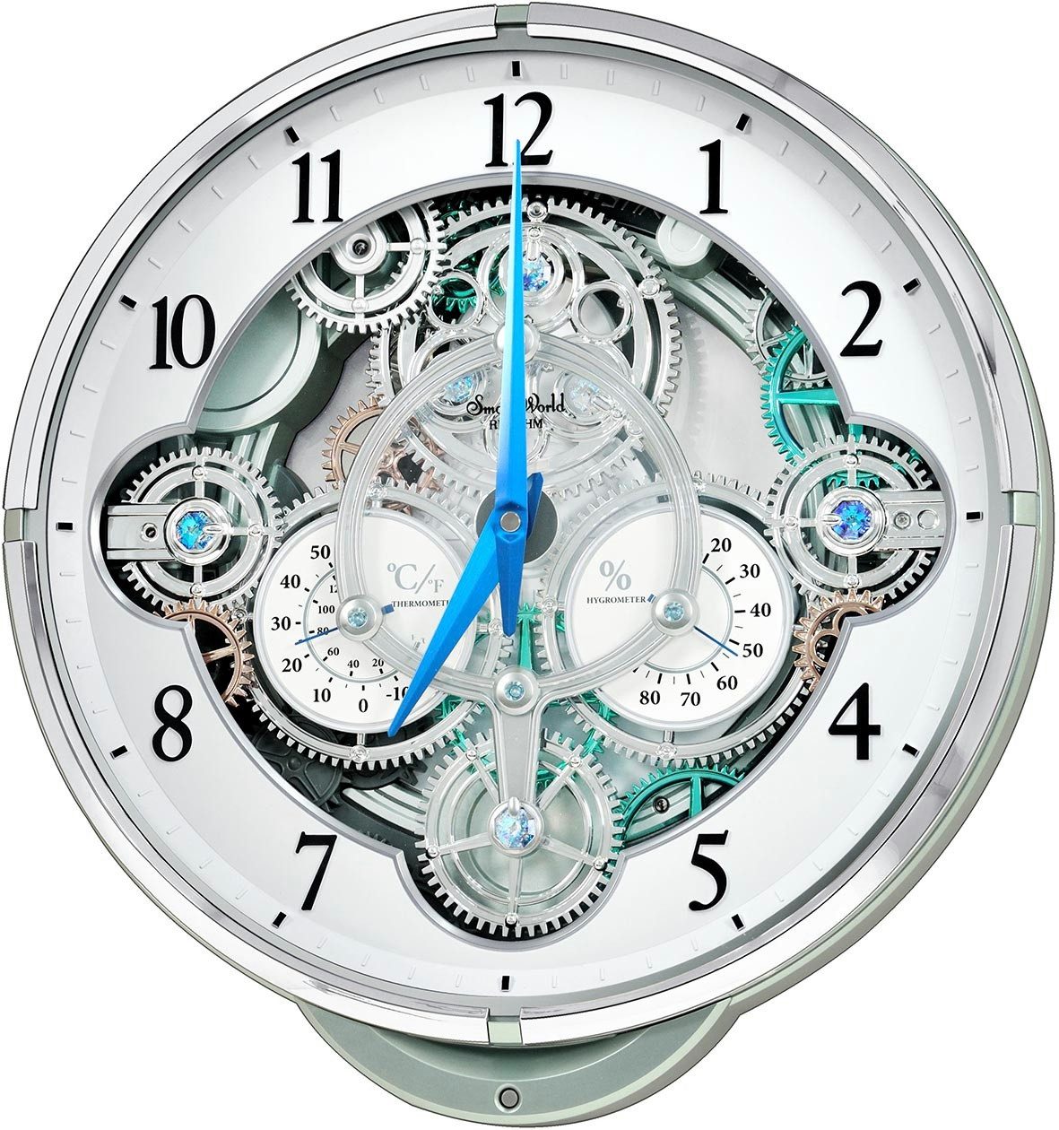 Rhythm Wanduhr MAGIC MOTION CLOCK Rhythm 7886-0 bewegliche Räderwerke (kreisendes Zifferblatt, Thermometer Hygrometer, 30 Meldoien)