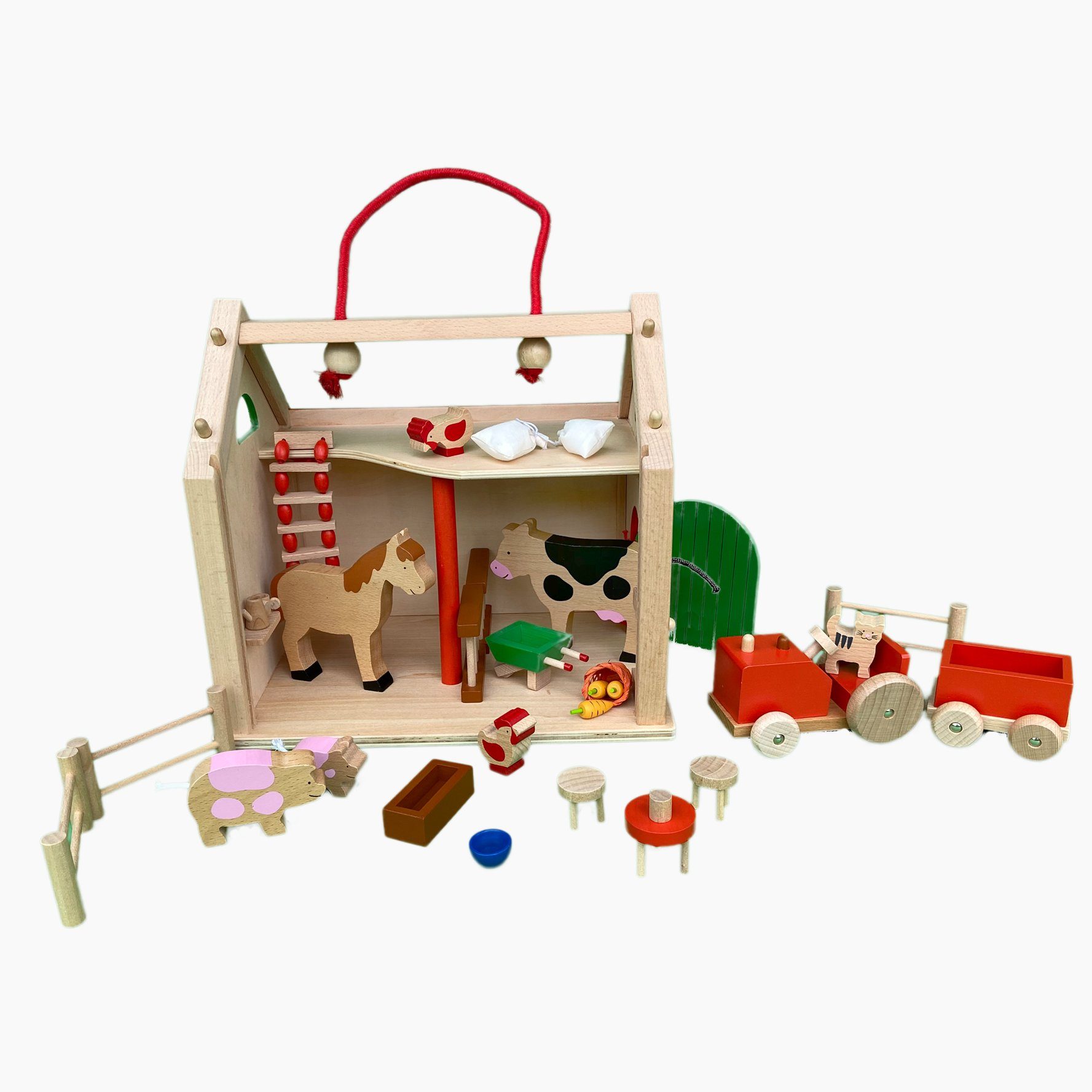 goki Spiel-Gebäude Bauernhaus Koffer mit Zubehör aus Holz (31-tlg), Das bunte Haus kann so gut im Kinderzimmer verstaut werden.