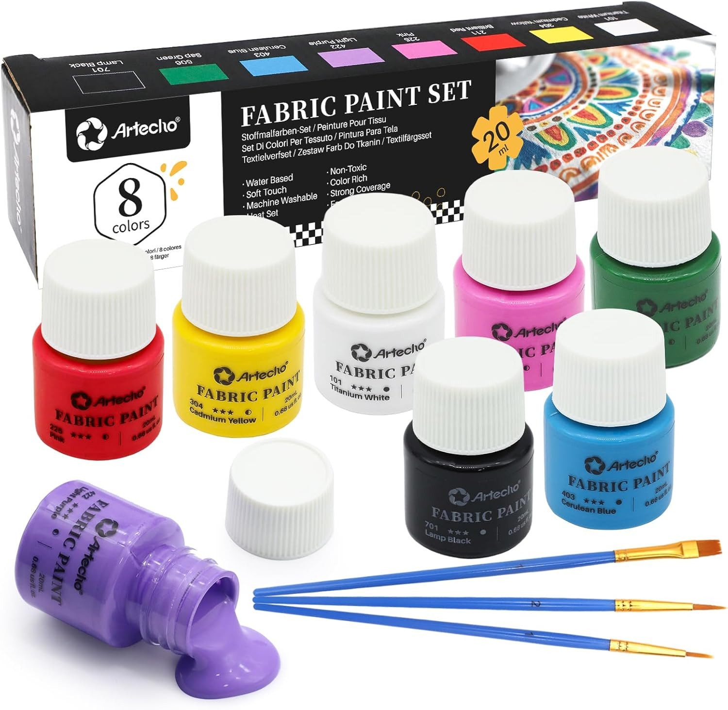 Artecho Textilfarbe Set mit 3 Pinseln – 8 x 20 ml Permanente Stoffmalfarben, Ideal für DIY-Mode, Stoffdesigns und individuelle Kreativprojekte