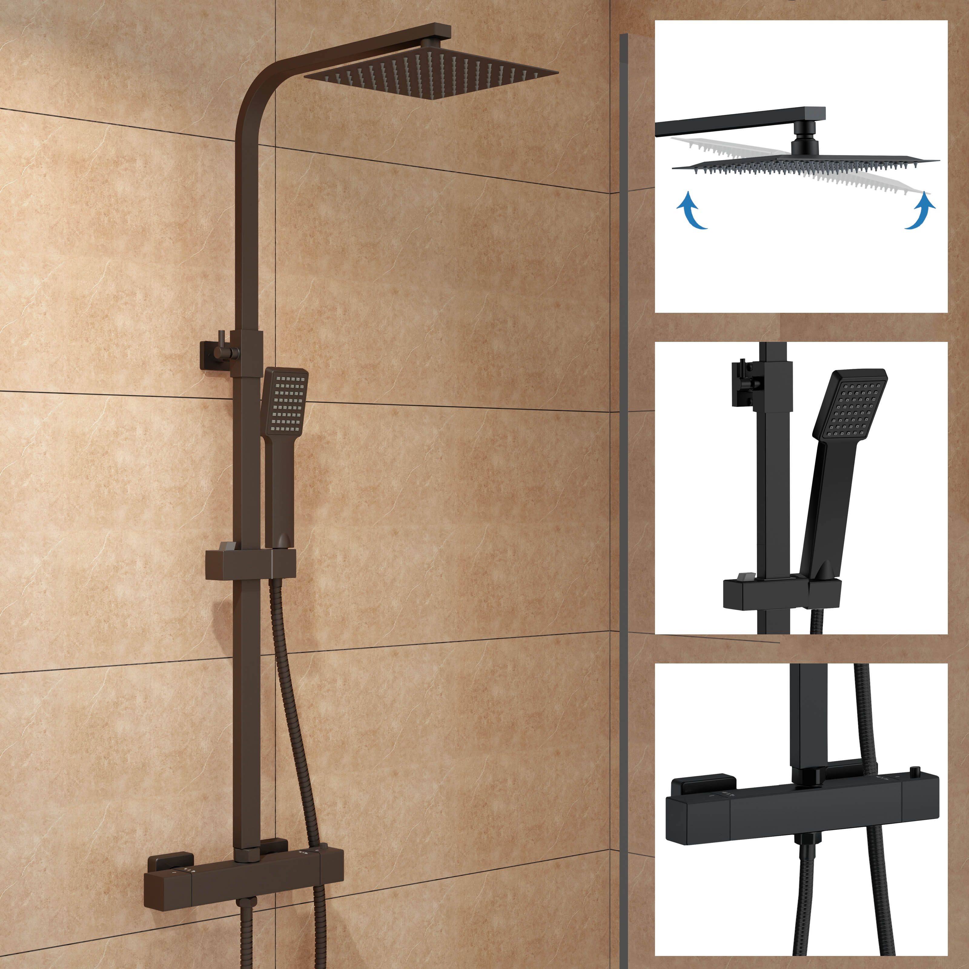 duschspa Duschsystem 20x20cm eckig Regenduschset mit Kopfbrause, 2 Strahlart(en), Wandmontage mit Thermostat Regendusche Chrom/Schwarz Quadratisch