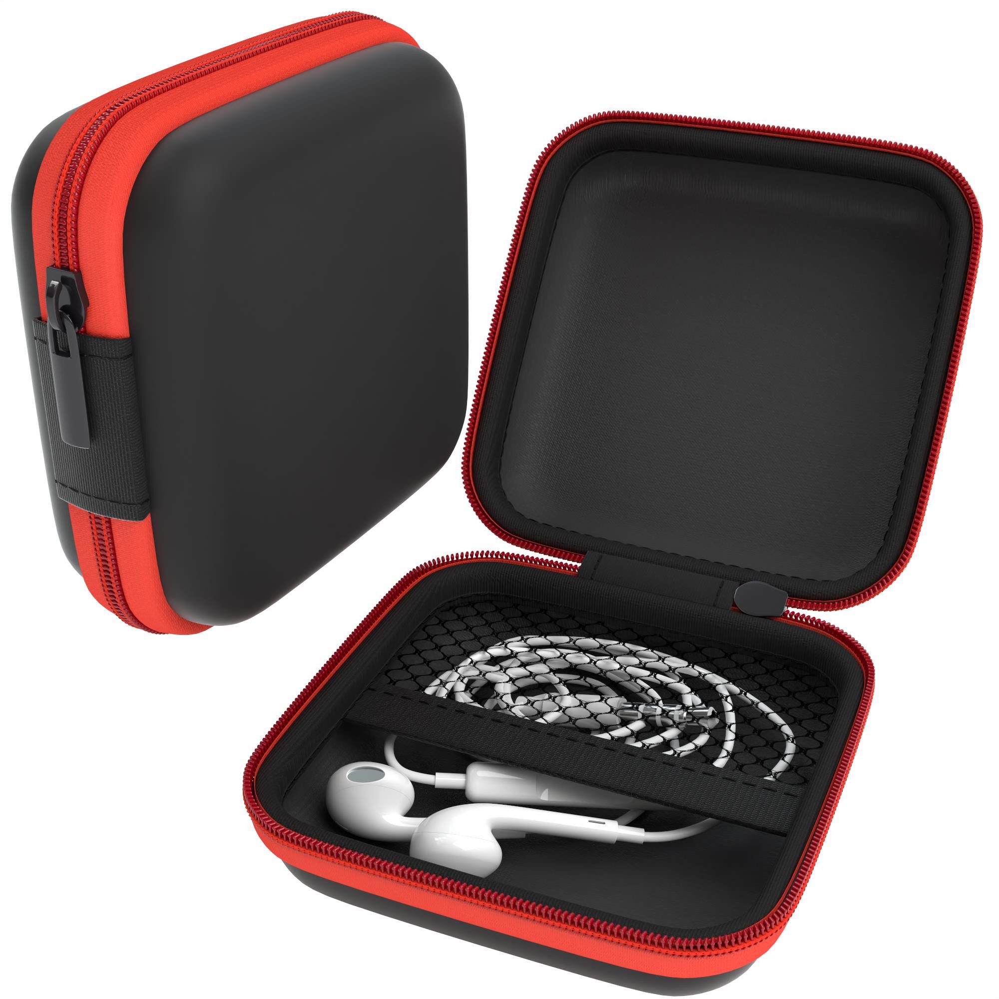 EAZY CASE Kopfhörer-Schutzhülle Universal Tasche für In-Ear Kopfhörer mit Netzfach, Stoßfeste Tasche für Kopfhörer Fullcover mit Reißverschluss eckig Rot