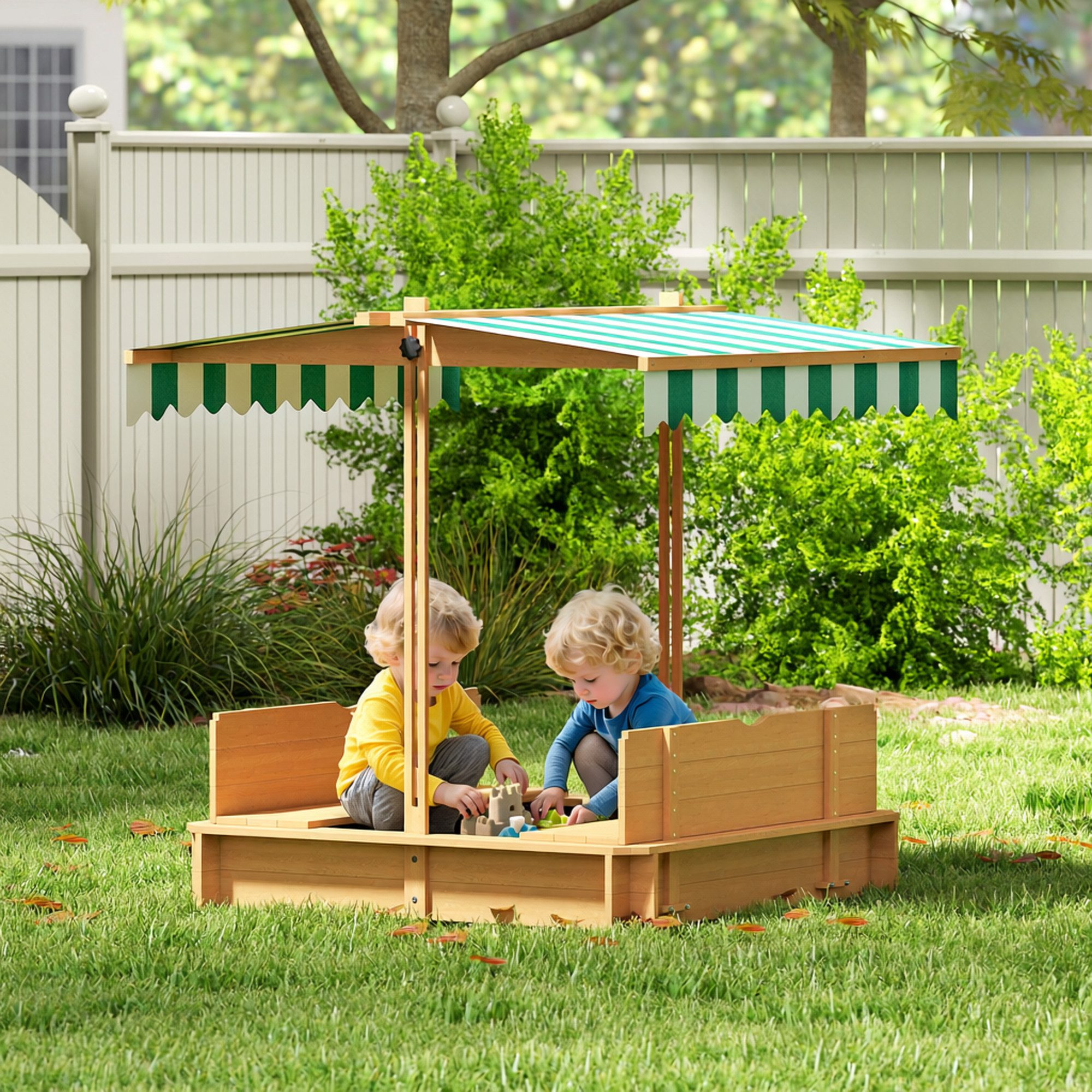 Outsunny Sandkasten Kinder Sandbox 106x106 cm mit höhenverstellbar Abdeckung aus Holz, (Kinder Sandbox, 1-tlg., Sandkiste), aus Holz für Outdoor Garten Terrasse Balkon Hellbraun