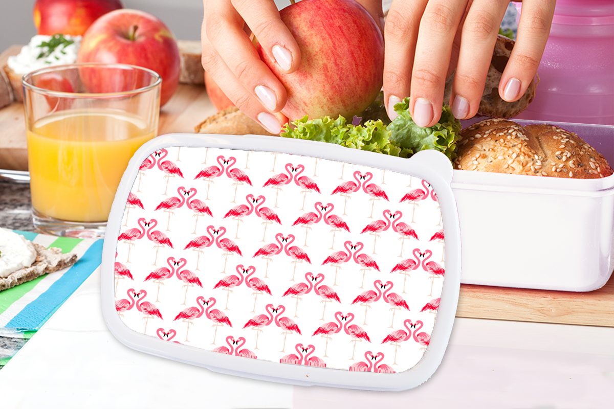 Flamingo und und für Dschungel, Erwachsene, - weiß Lunchbox Brotbox (2-tlg), MuchoWow Muster Jungs Brotdose, - Kunststoff, Mädchen für Kinder Rosa -