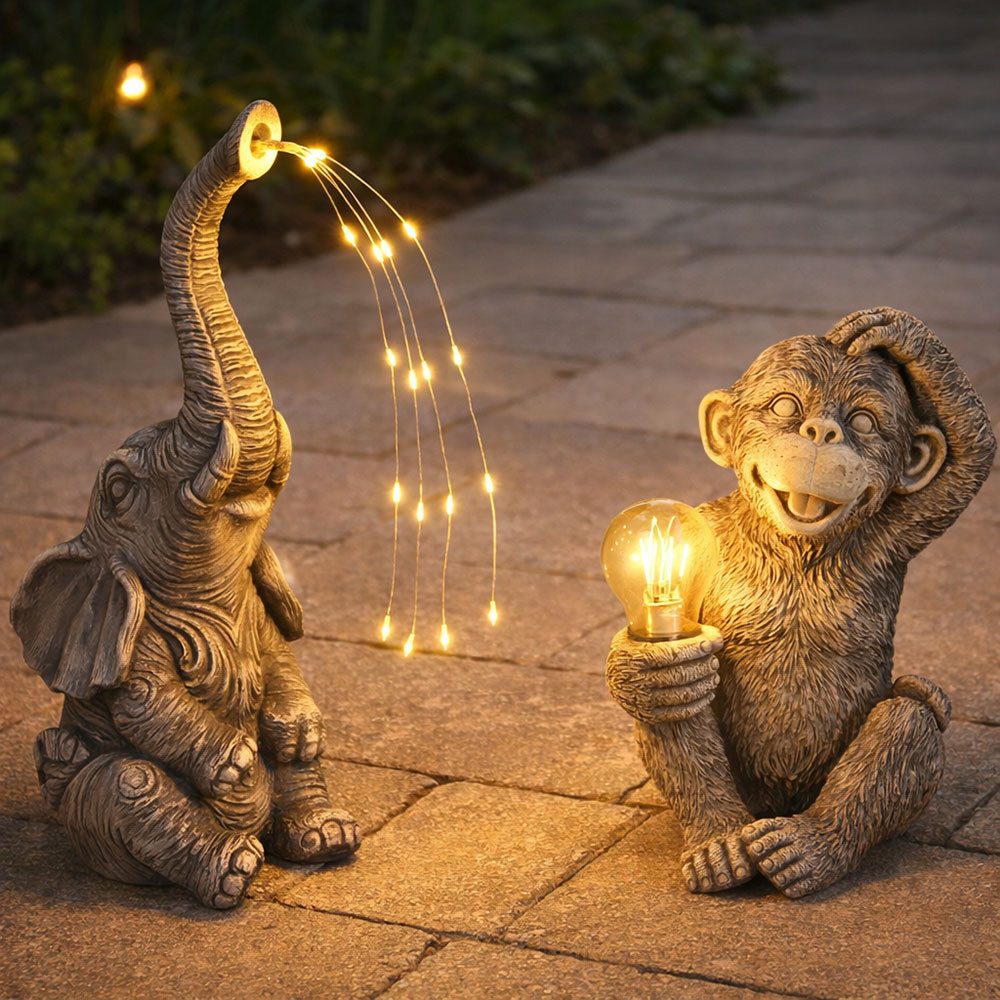 GLOBO LIGHTING LED Dekofigur, LED-Leuchtmittel fest verbaut, Solarleuchte Außenlampe Affe Elefant LED grau Gartendeko 2er Set