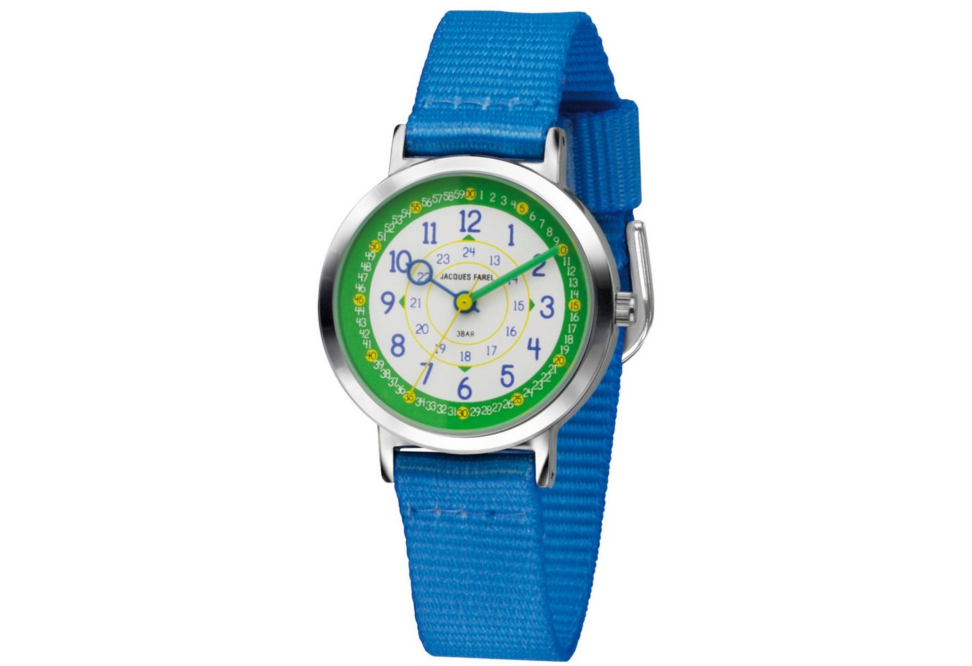 Jacques Farel Quarzuhr KOP Kinder Armbanduhr Nylonband, Lernuhr Kinderuhr Schulanfänger Einschulung Geschenkidee Kids Ø 30 mm