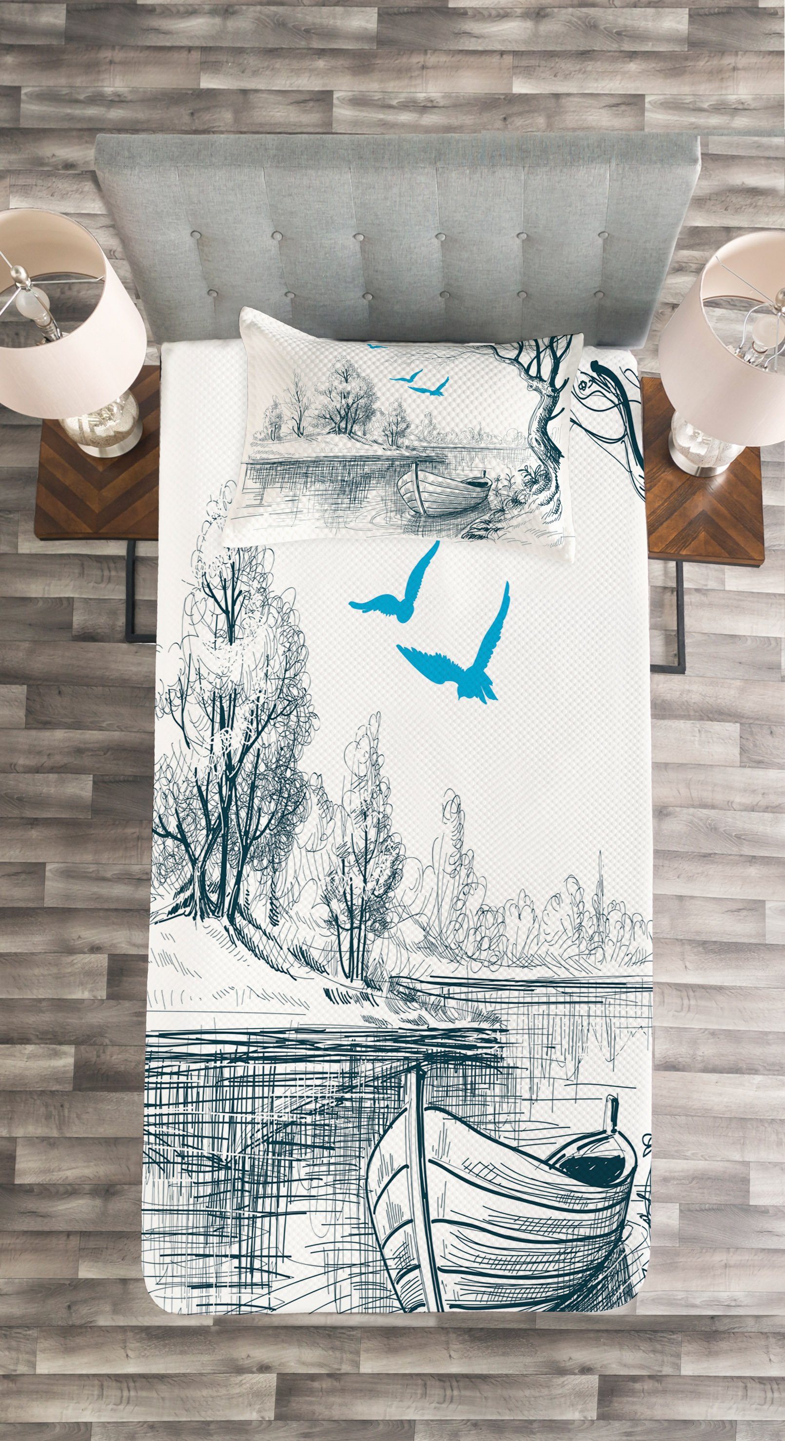 Skizzenhaft Set Tagesdecke auf Boot mit Kissenbezügen dem Waschbar, Fluss Abakuhaus, Zeichnung