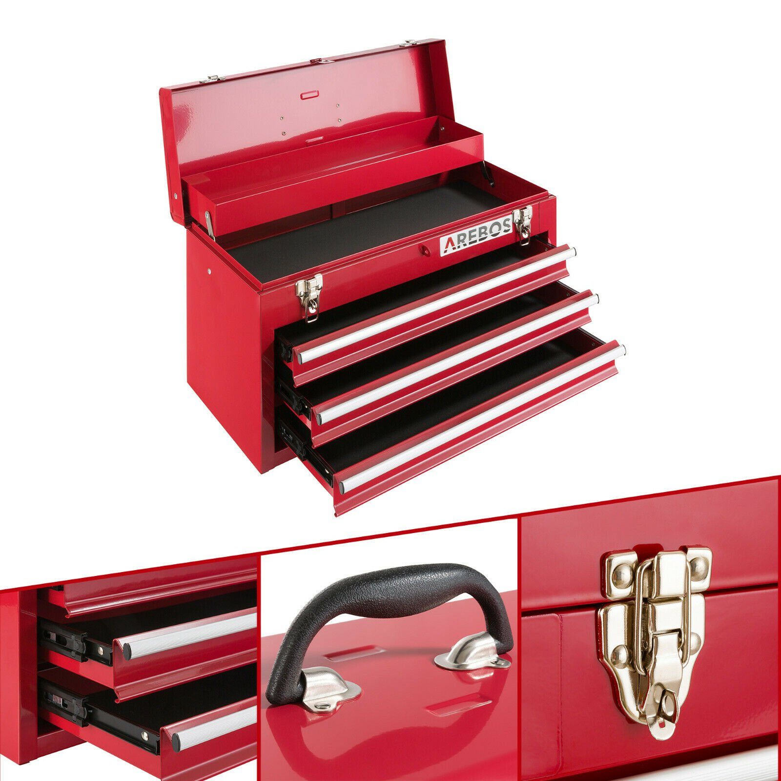 Arebos Werkzeugkoffer mit 3 Schubladen & 2 Ablagefächern rot