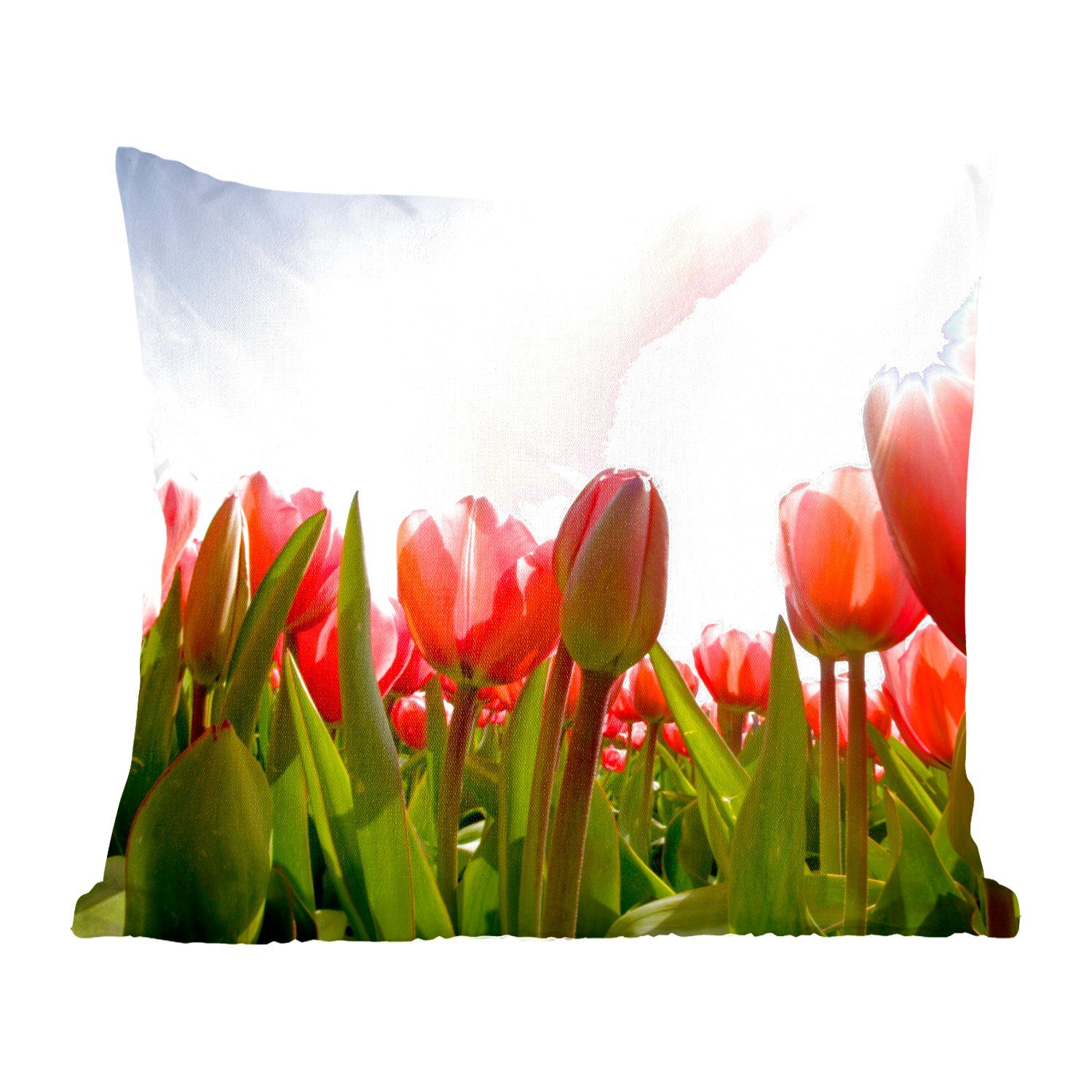 MuchoWow Dekokissen Rote Tulpen und das Sonnenlicht, Zierkissen mit Füllung für Wohzimmer, Schlafzimmer, Deko, Sofakissen