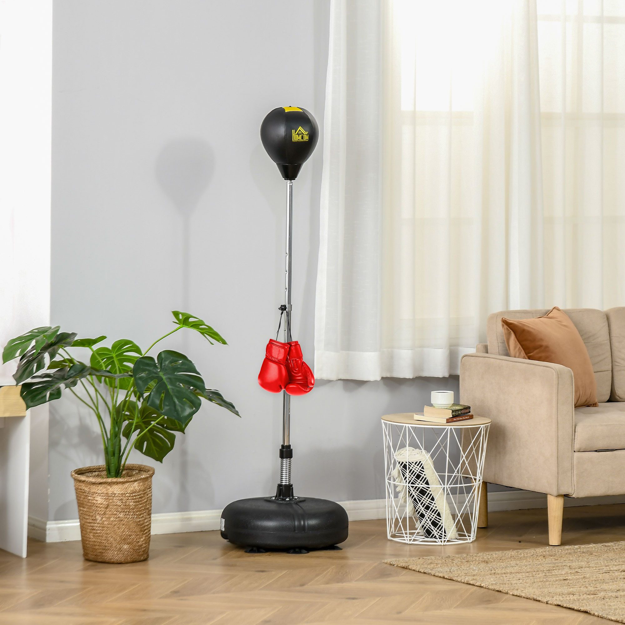HOMCOM Punchingball Standbox Boxsack geeignet für Profis und Anfänger Schwarz (Set, 3-tlg., 1 x Boxball; 1 x Paar Handschuhe; 1 x Inflator), höhenverstellbar