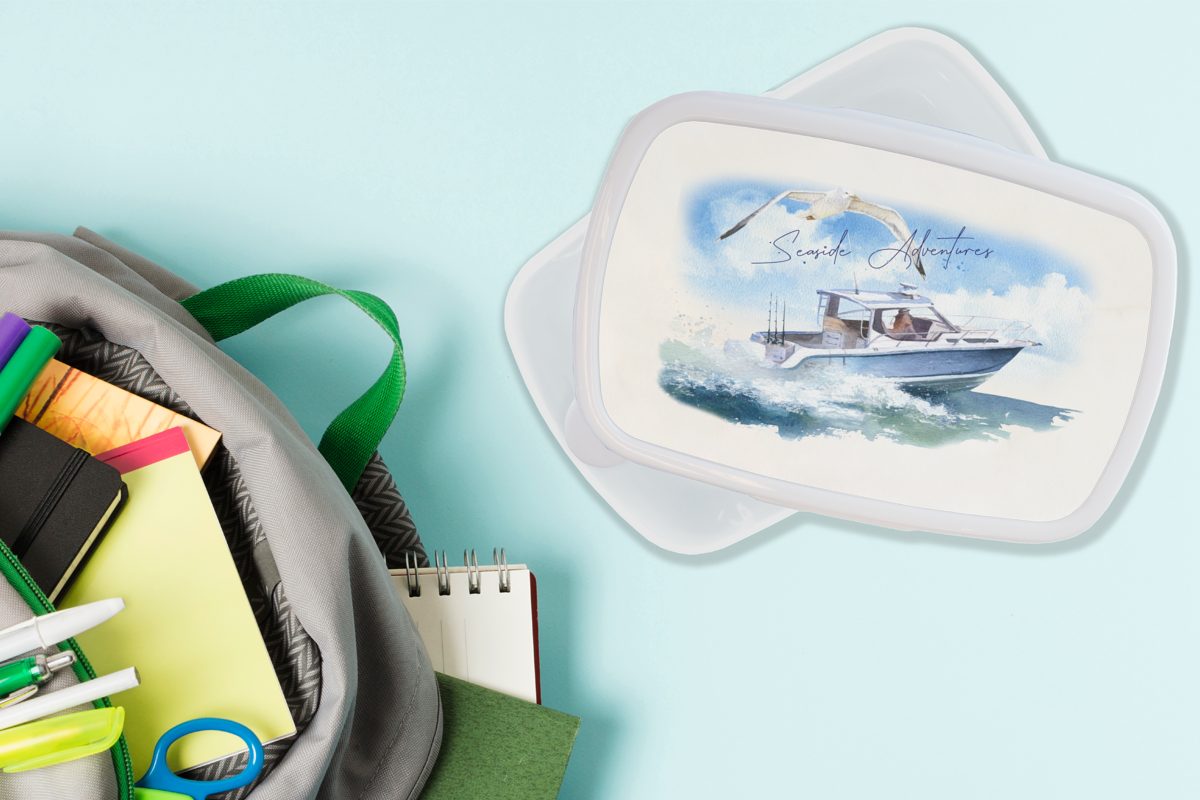 Brotbox Erwachsene, für Boot - Jungs und - Kunststoff, (2-tlg), und MuchoWow Lunchbox für weiß Aquarell, Kinder Brotdose, Vogel Mädchen