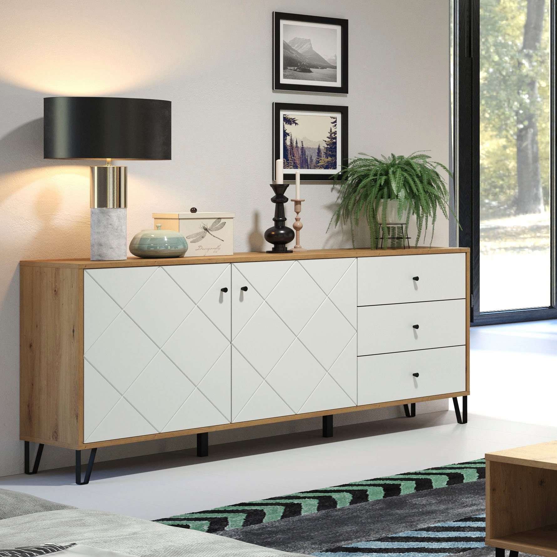 Places of Style Sideboard Tarragona, Kommode, Fräsungen in Rautenoptik, Breite 183 cm