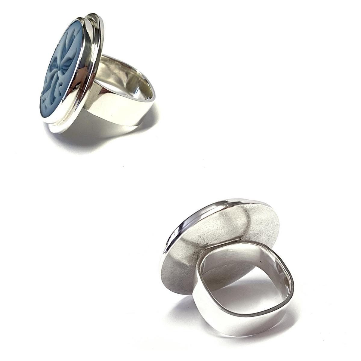 Silberring handgefertigter Silberring 925/- mit großer OnyxGemme Blüte #60