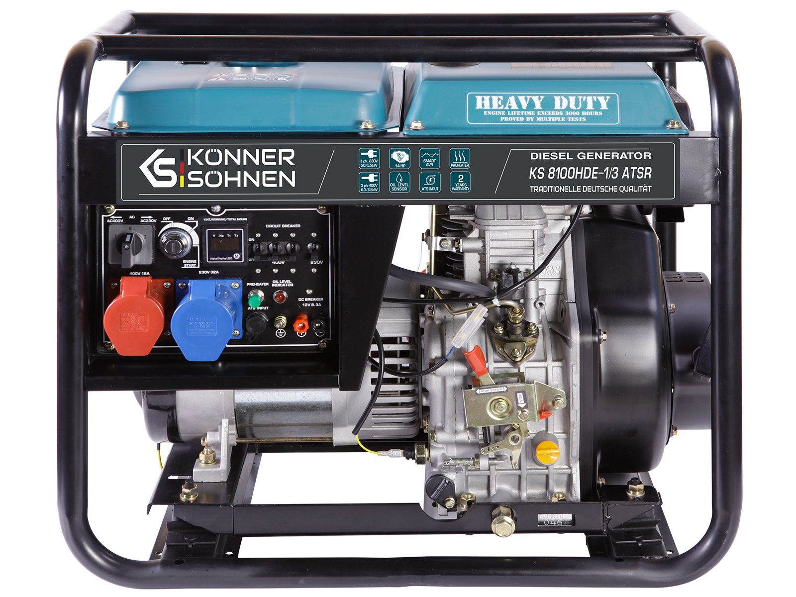 Könner & Söhnen Stromerzeuger KS 8100HDE-1/3 ATSR, 6,50 in kW, (4-Takt Diesel Stromerzeuger 14PS mit Vorwärmer, 1-tlg., Automatischer Spannungsregler, 6500/5300 Watt), 1x16A(400V)/1x32A(230V) für privaten und gewerblichen Gebrauch