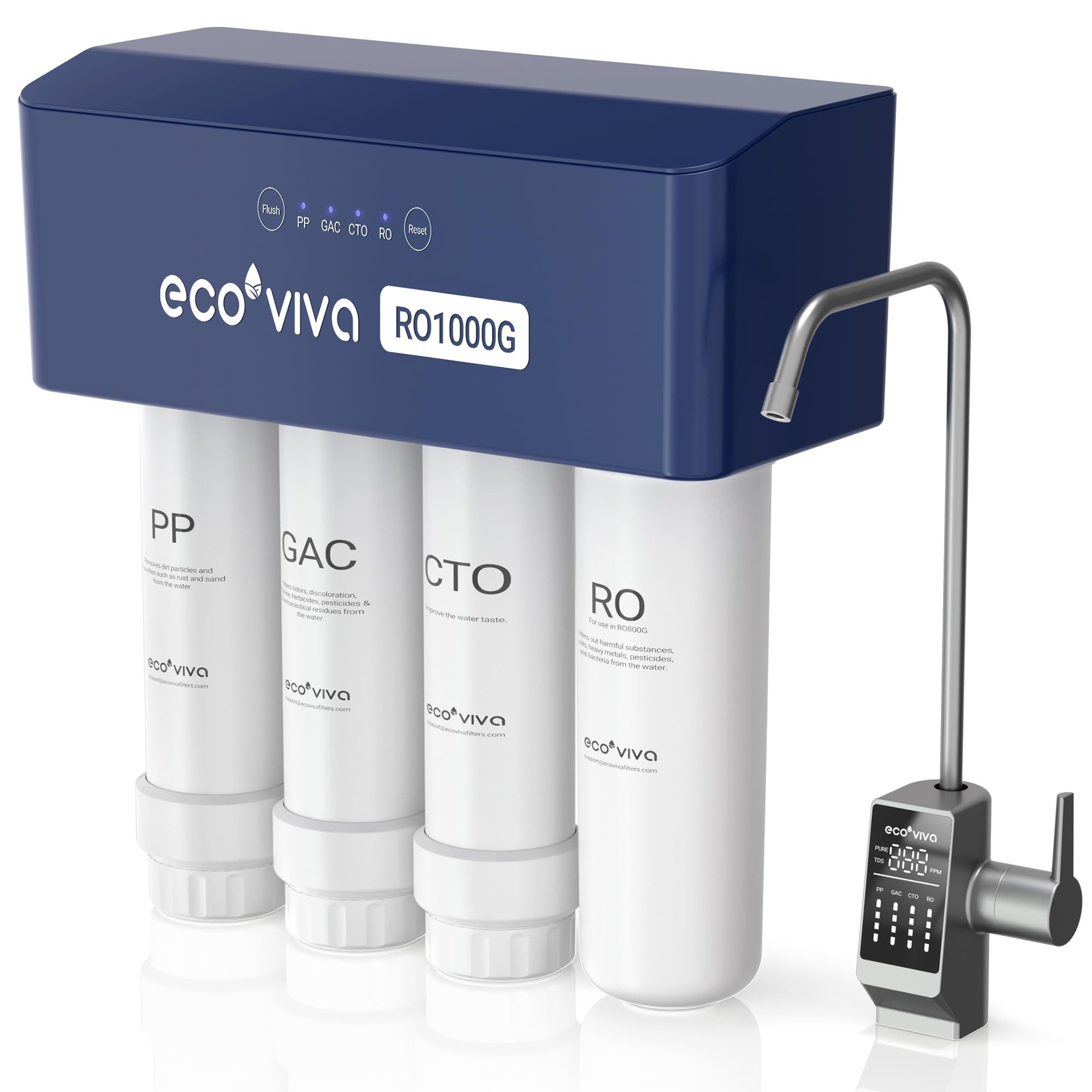 Ecoviva Wasserfilter RO1000G Untertisch Osmoseanlage Umkehrosmoseanlage Trinkwasser, Reduziert TDS, 2,1 l/min Wasserdurchflussrate, 3:1 Wassernutzung