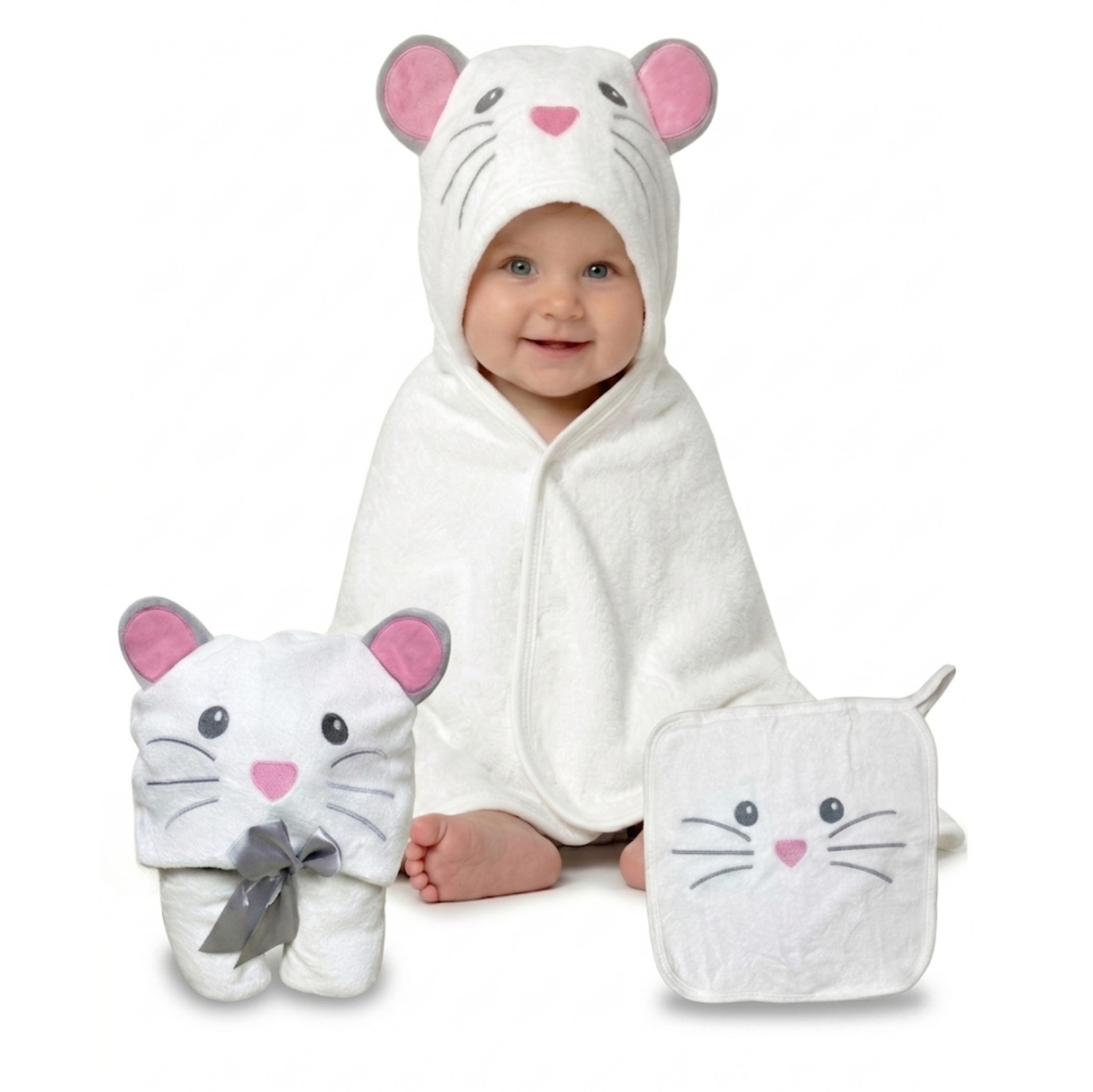 HECKBO Kapuzenhandtuch Maus inkl. Waschlappen, ab 0 Jahren, 2 Druckknöpfe, Baby Geschenk