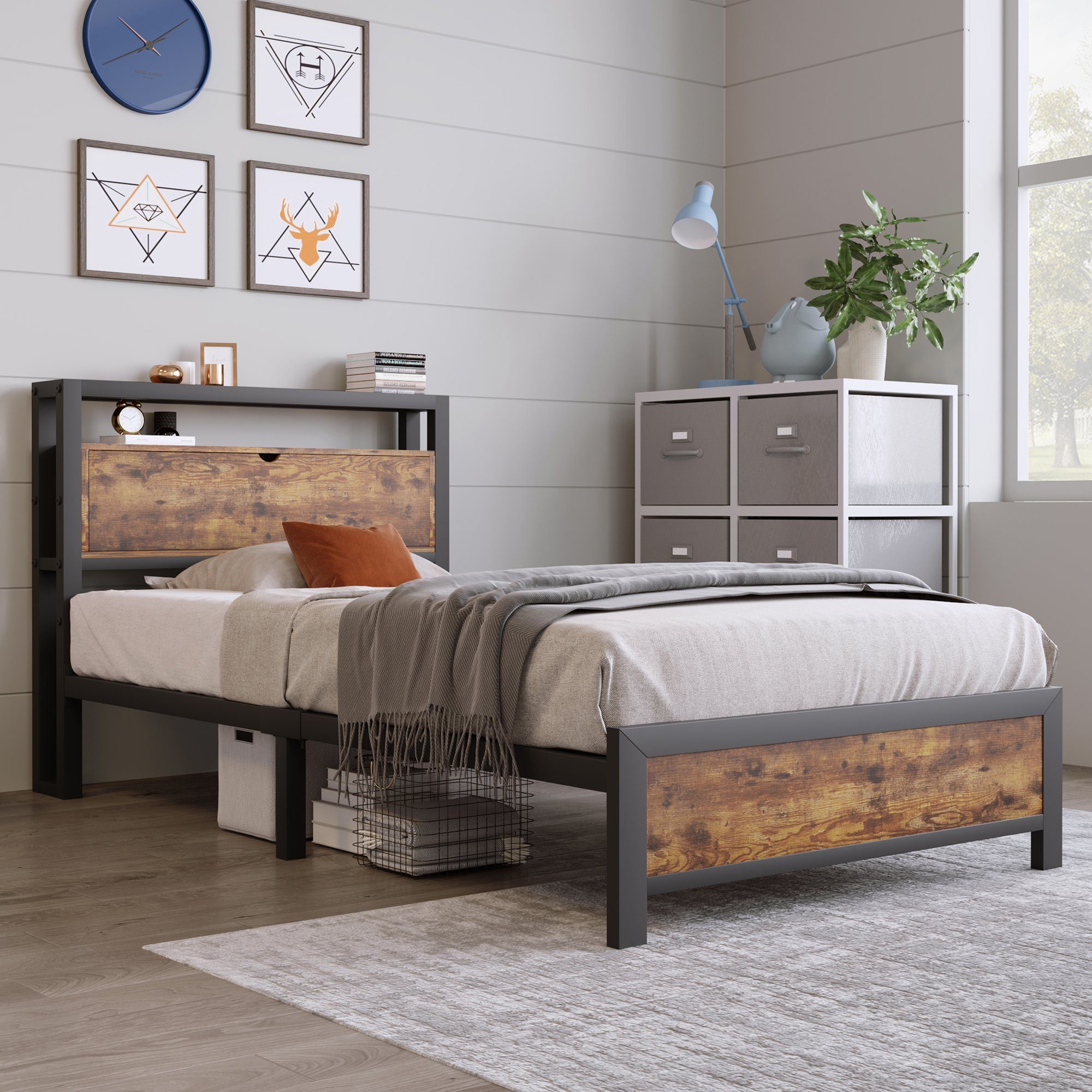 Flieks Metallbett, Einzelbett mit Stauraumfach 90x200cm Eisen Bettgestell günstig online kaufen