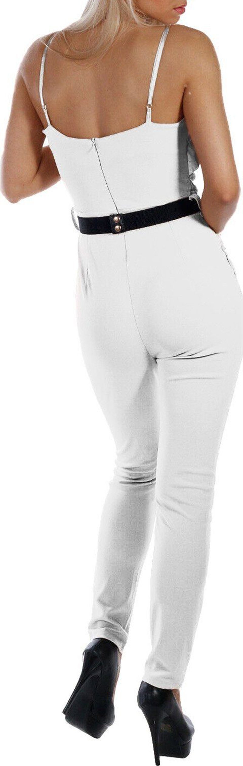 Charis Moda Jumpsuit Overall lang verstellbaren unifarben Weiß Spaghettiträgern mit