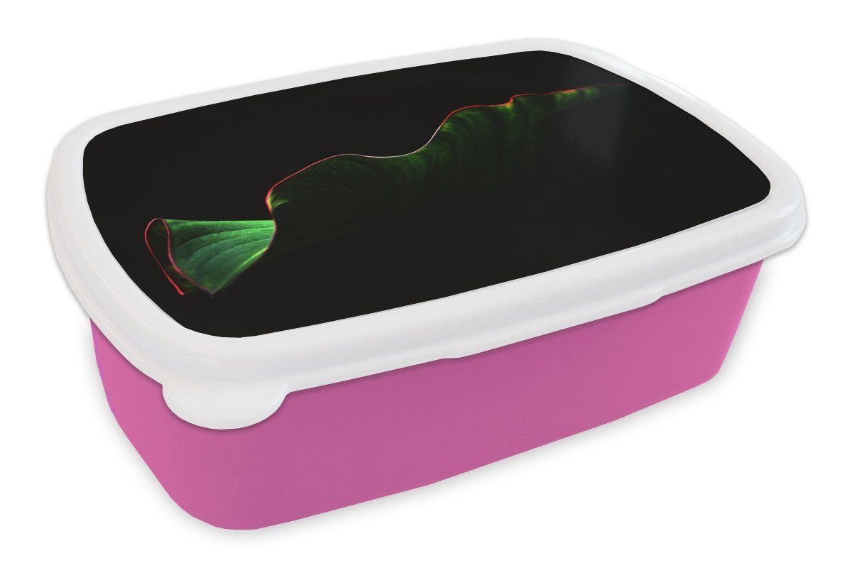 MuchoWow Lunchbox Ein tropisches Blatt mit roten Rändern auf schwarzem Hintergrund, Kunststoff, (2-tlg), Brotbox für Erwachsene, Brotdose Kinder, Snackbox, Mädchen, Kunststoff rosa