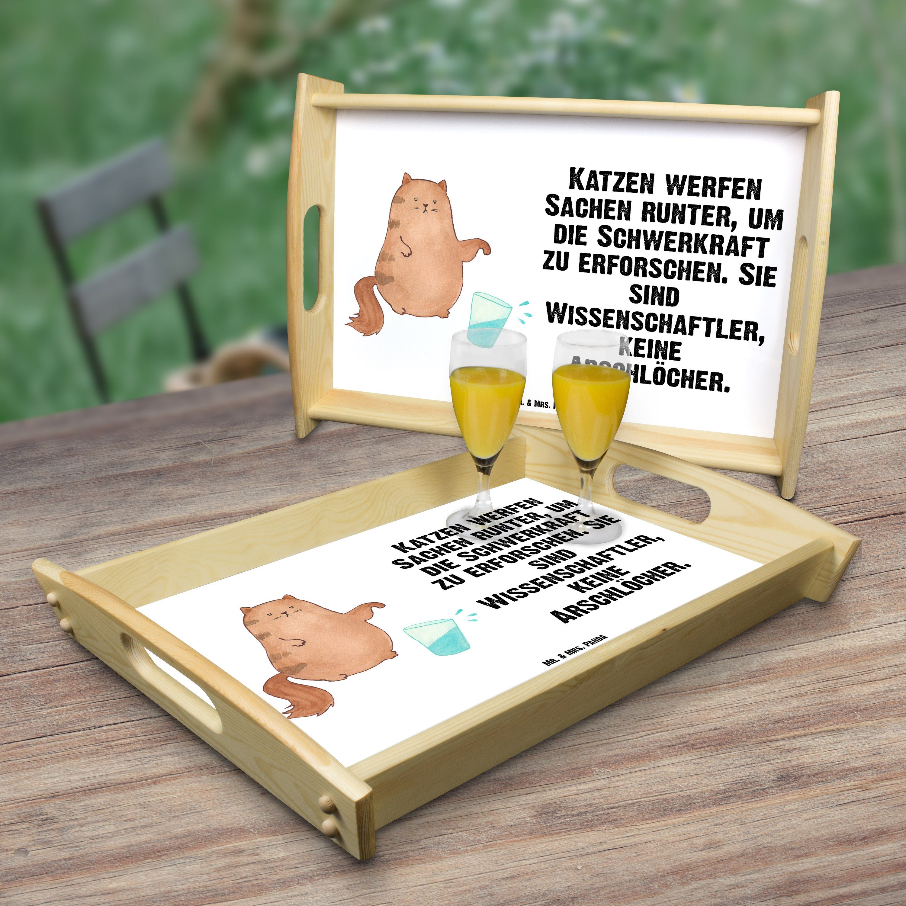 Tablett - Mr. Wasserglas Deko, Katze Mrs. Weiß Frühstückstablett, Panda & Echtholz Tablett, lasiert, - (1-tlg) Geschenk,