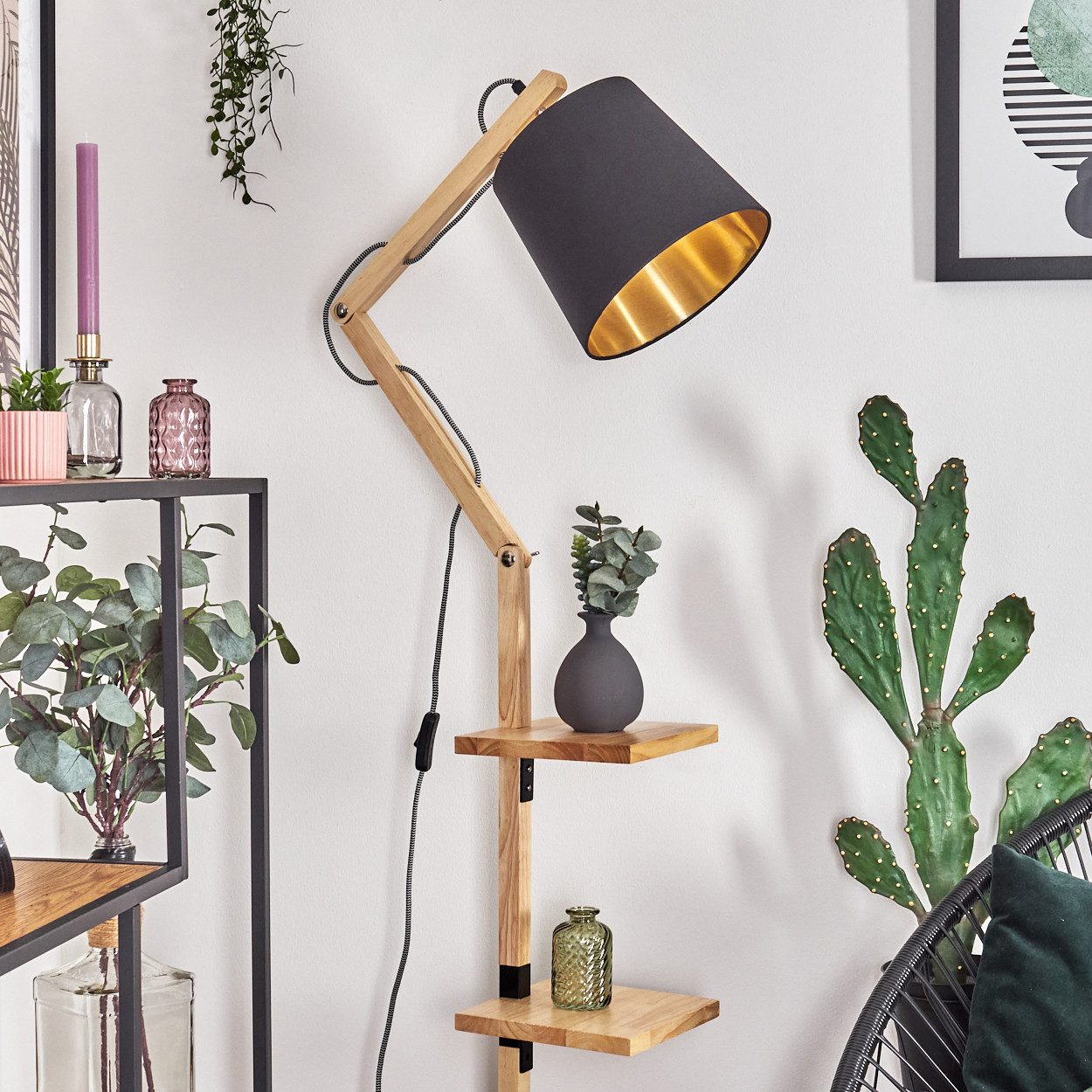 hofstein Stehlampe Stehlampe aus Holz/Metall/Stoff in Natur/Schwarz-Gold, o günstig online kaufen