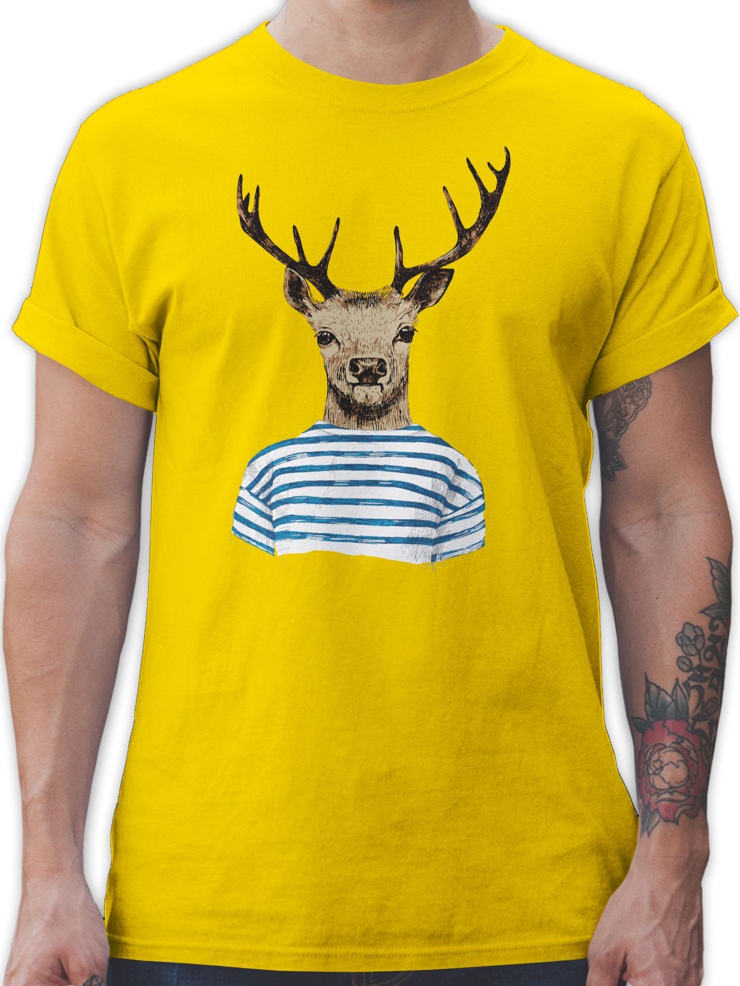Shirtracer T-Shirt Hirsch mit gestreiftem Shirt Mode für Oktoberfest Herren 03 Gelb