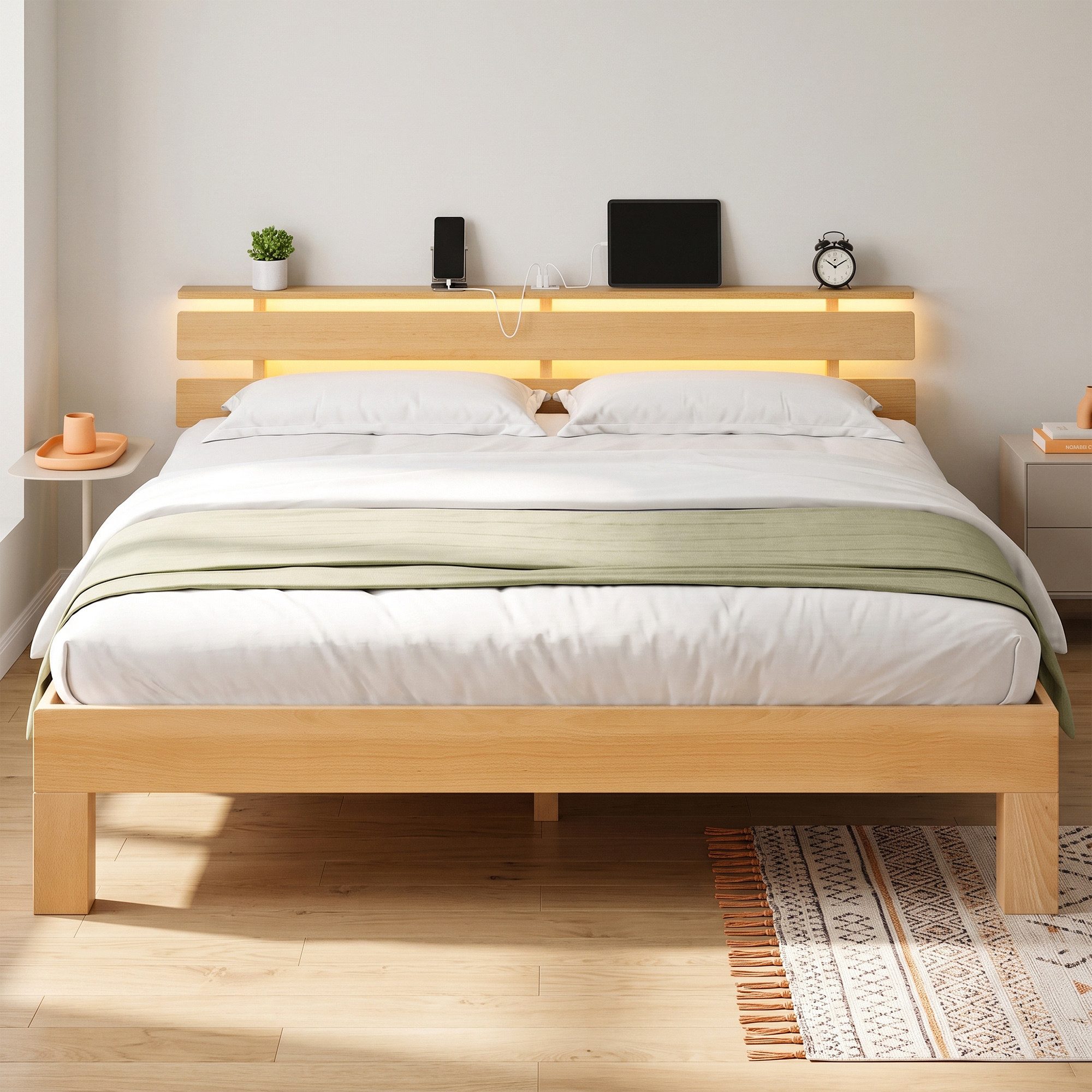 VASAGLE Bettgestell aus Massivholz Buche, Massivholzbett, mit LED und USB, in 3 Größe, Bettgestell 160 x 200 cm, Kopfteilablage, hohe Stabilität, Naturfarben