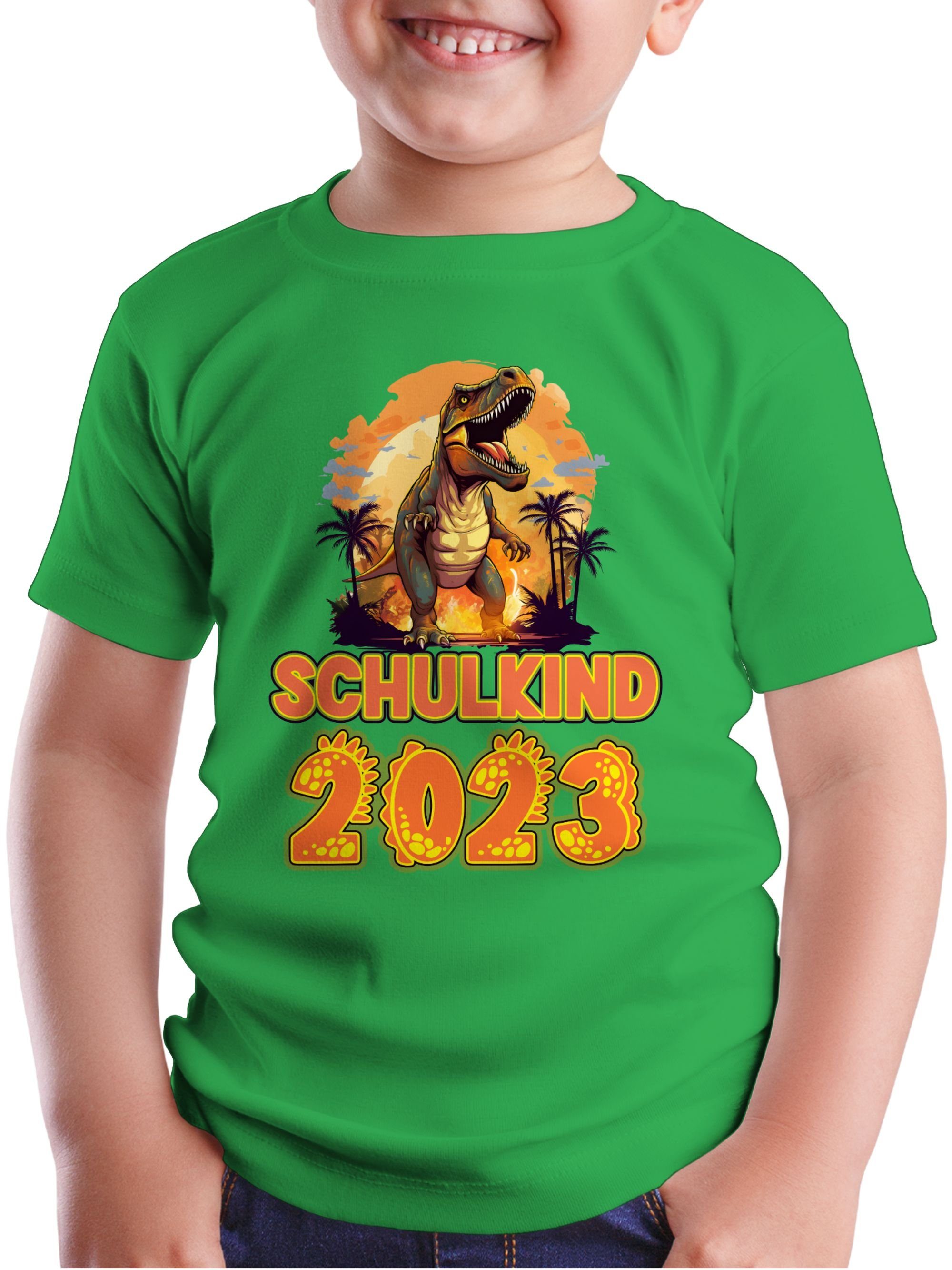 Shirtracer T-Shirt Schulkind 2023 Dinosaurier Saurier Dino 3 Grün Junge Schulanfang Einschulung Geschenke