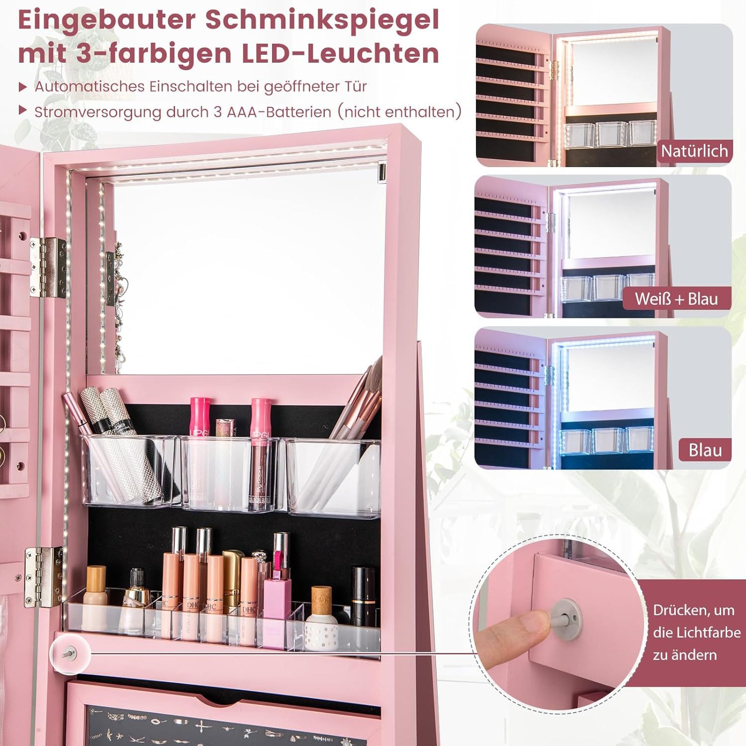 COSTWAY Schmuckschrank mit Ganzkörperspiegel & LED stehend, drehbar, abschließbar – Bild 4 von 5