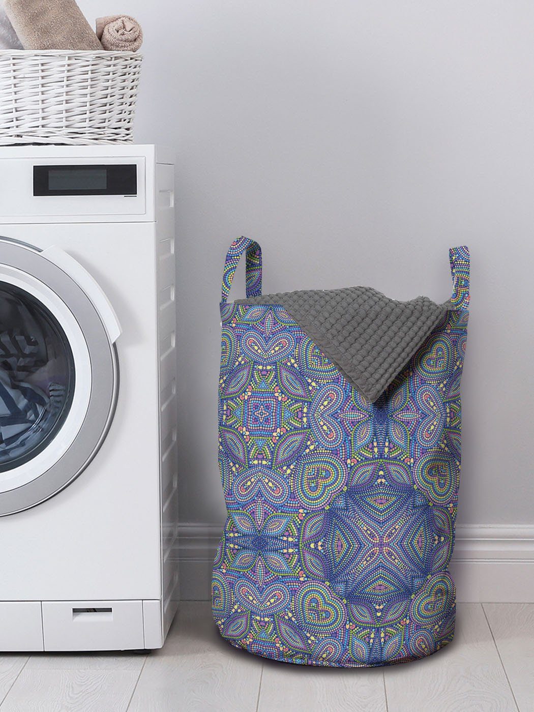Wäschesäckchen Bunte Kordelzugverschluss Dotwork Muster Griffen Wäschekorb für Waschsalons, Mosaik Abakuhaus mit