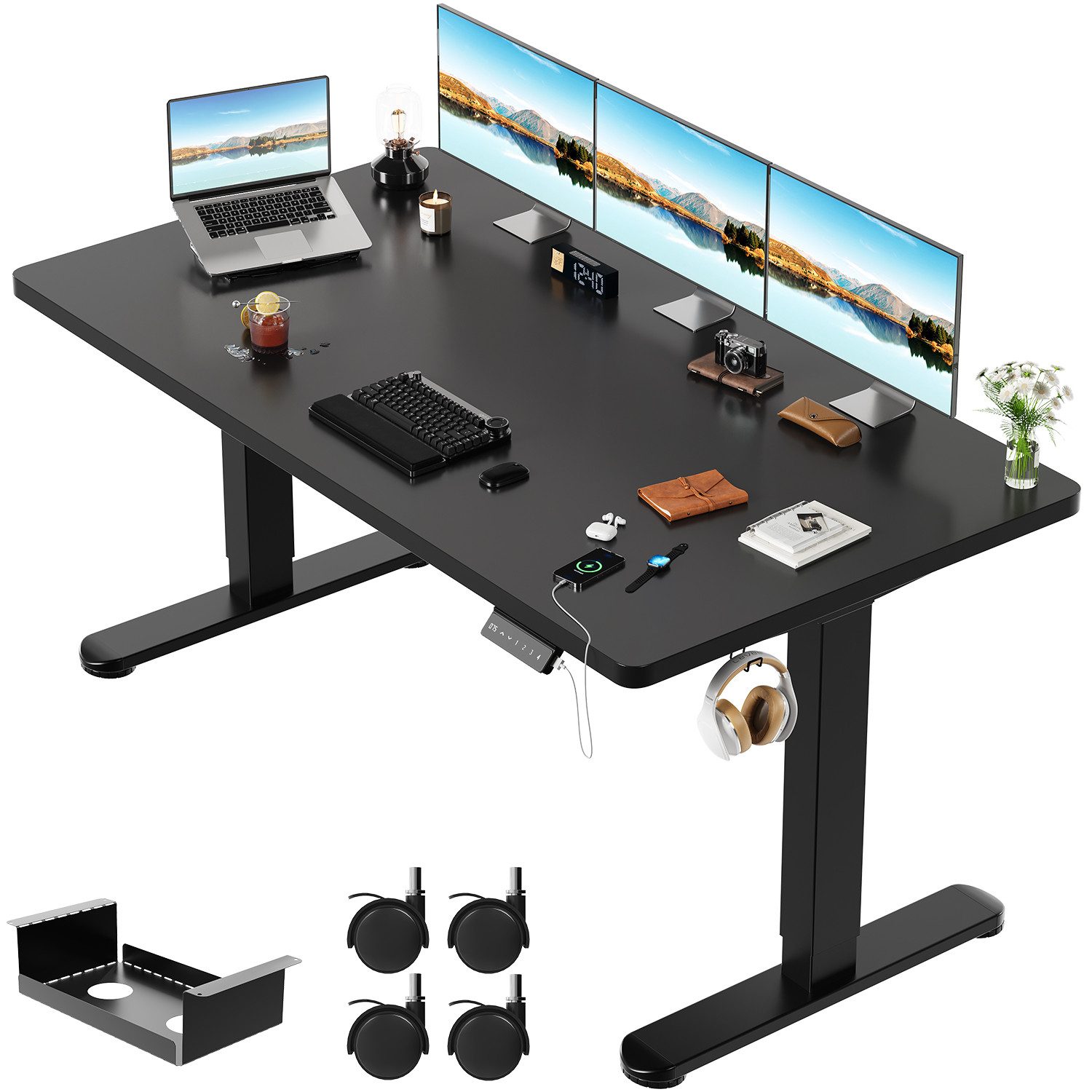 HOMALL Schreibtisch Höhenverstellbarer Elektrisch mit 25mm starker einteiliger Tischplatte (Ausgestattet mit zwei Motoren und doppelten Verstärkungsstreben, trägt er über 100 kg und lässt sich nach oben und unten sowie nach links und rechts verstellen)