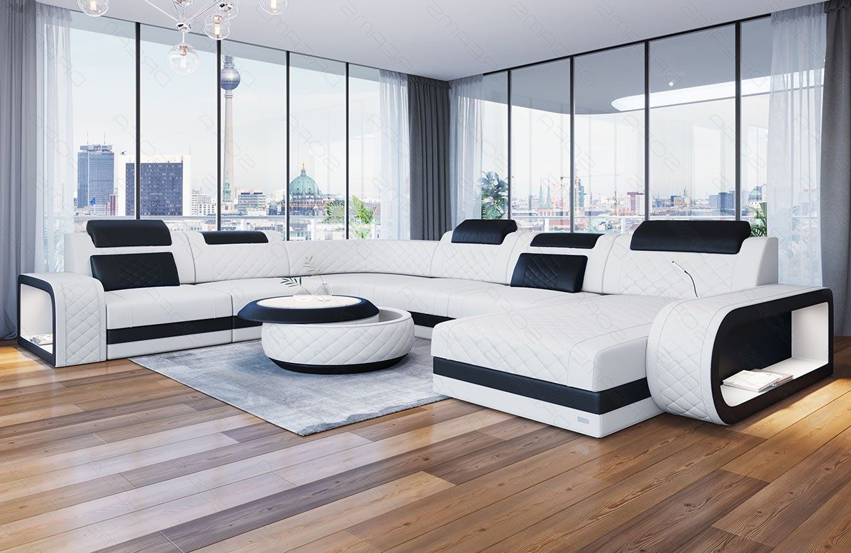 Sofa Dreams Wohnlandschaft Ledersofa Berlin XXL U Form Mini Designersofa, 6-Sitzer, Ottomane, freie Farbwahl, LED, USB