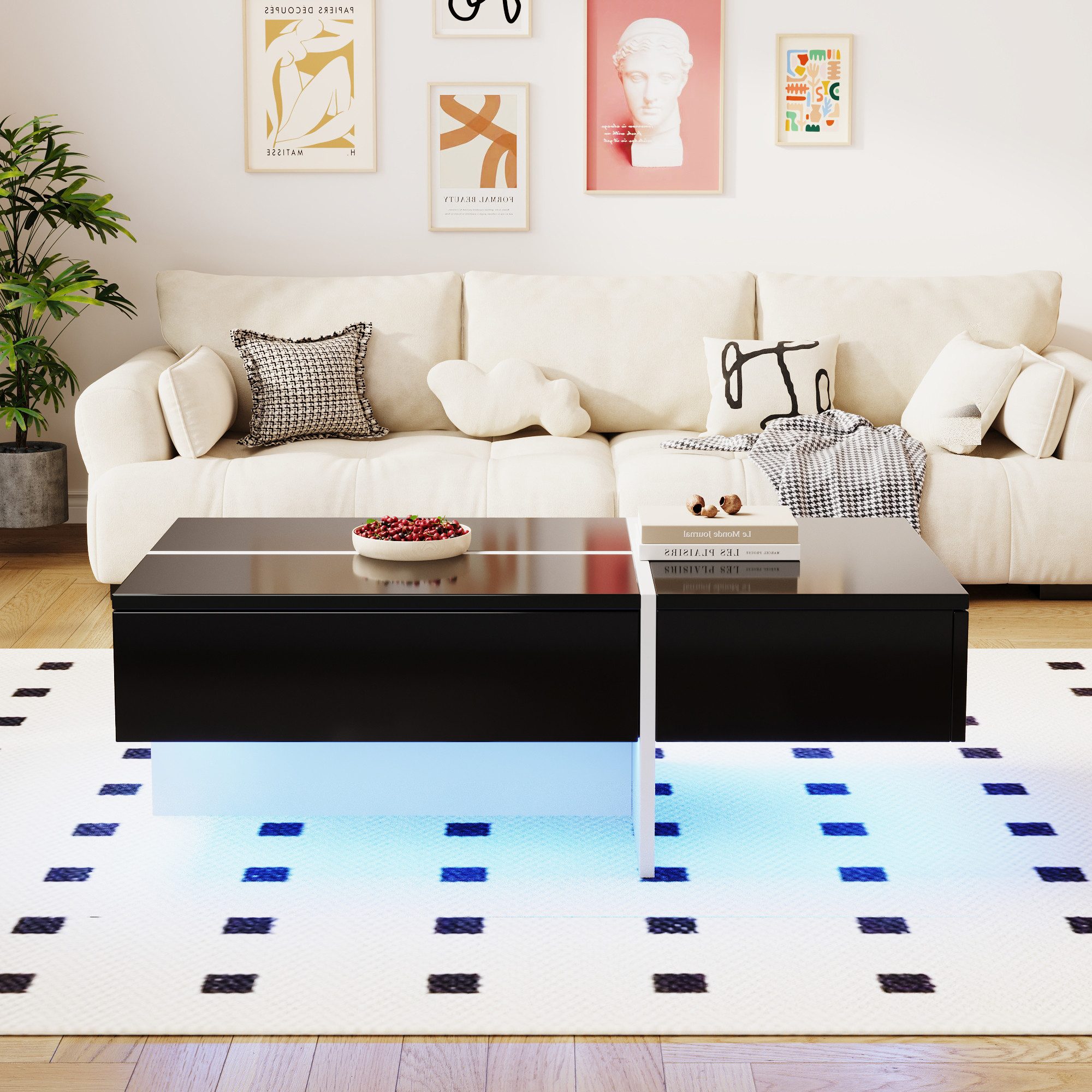 Furnishings Home Couchtisch Beistelltisch LED Ablagetisch Breite 100 cm (Hochglänzender quadratischer, 100x50x34.5 cm), Mit 2 Schubladen und 16-farbigen variabl – Bild 5 von 5