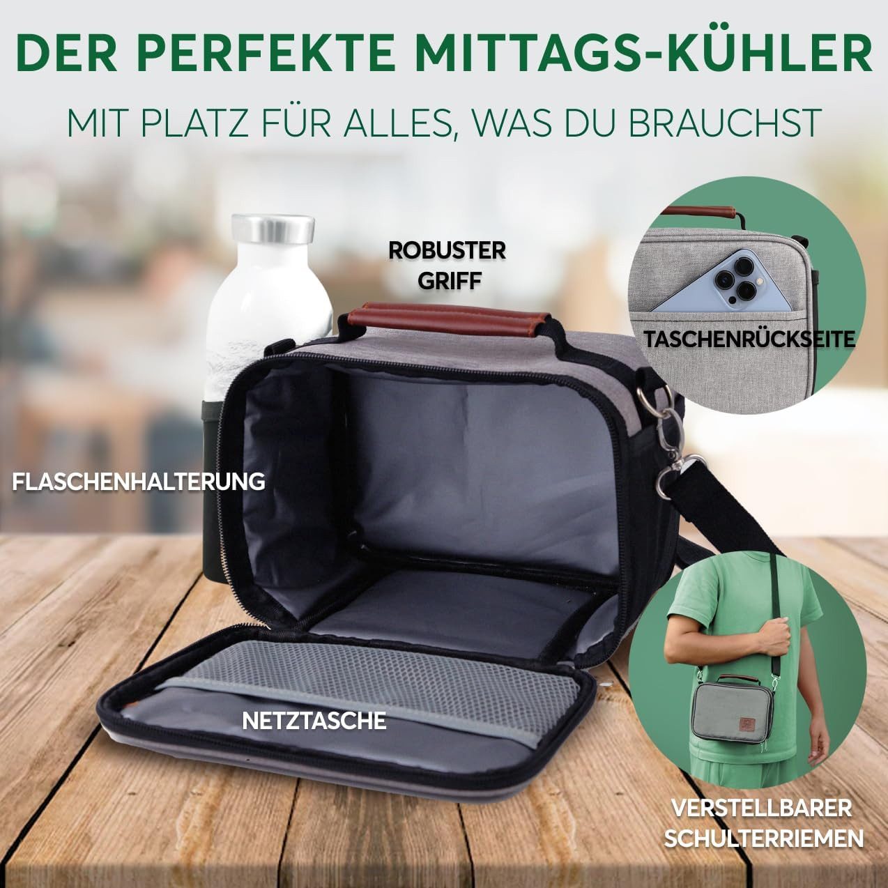 UMAMI Kühltasche Isolierte Picknicktasche - Thermostasche Mittagessen Tasche, Lunchbag Herren/Damen, Kühltasche für Büro