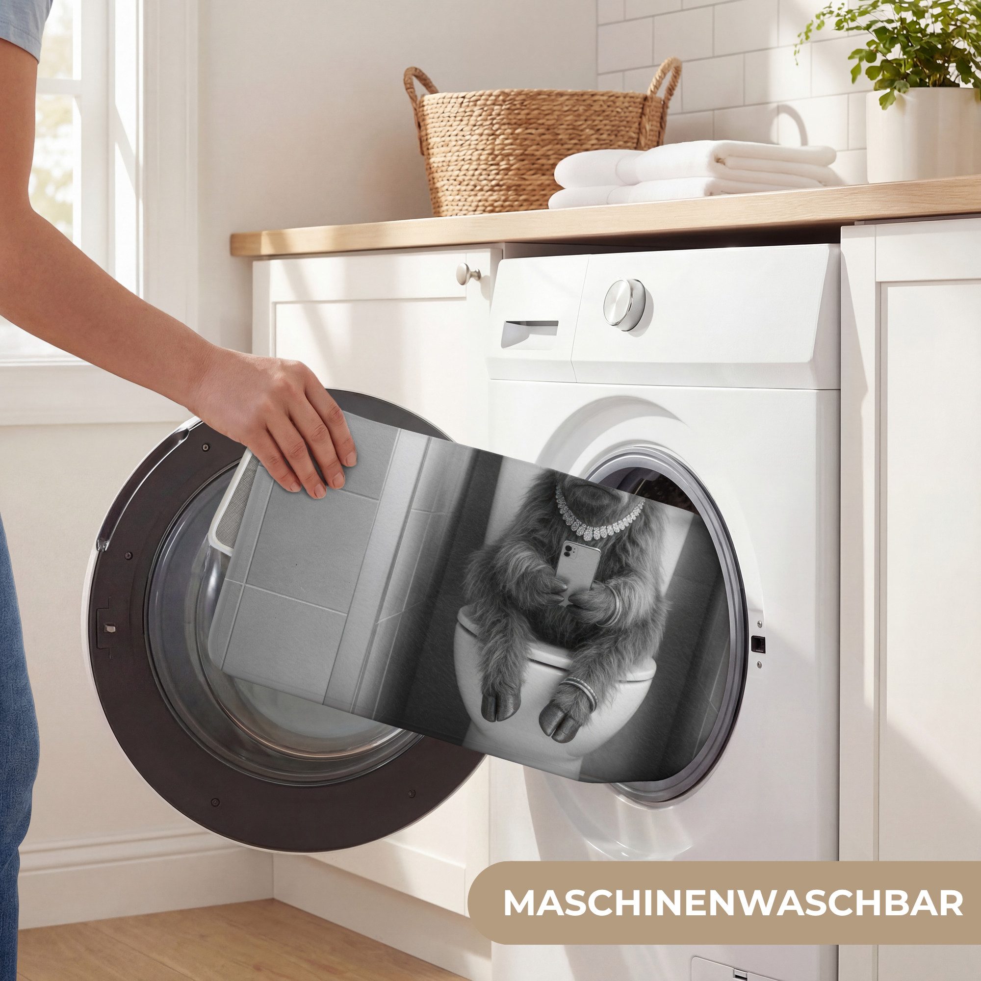 OnlyWow WC-Vorleger Taurus - Telefon - Toilette - Schwarz - Weiß, Höhe 10 mm, Polyester, Rechteckig, WC Teppich, Toilettenvorleger, Toilettenteppich, Badematte  – Bild 5 von 5