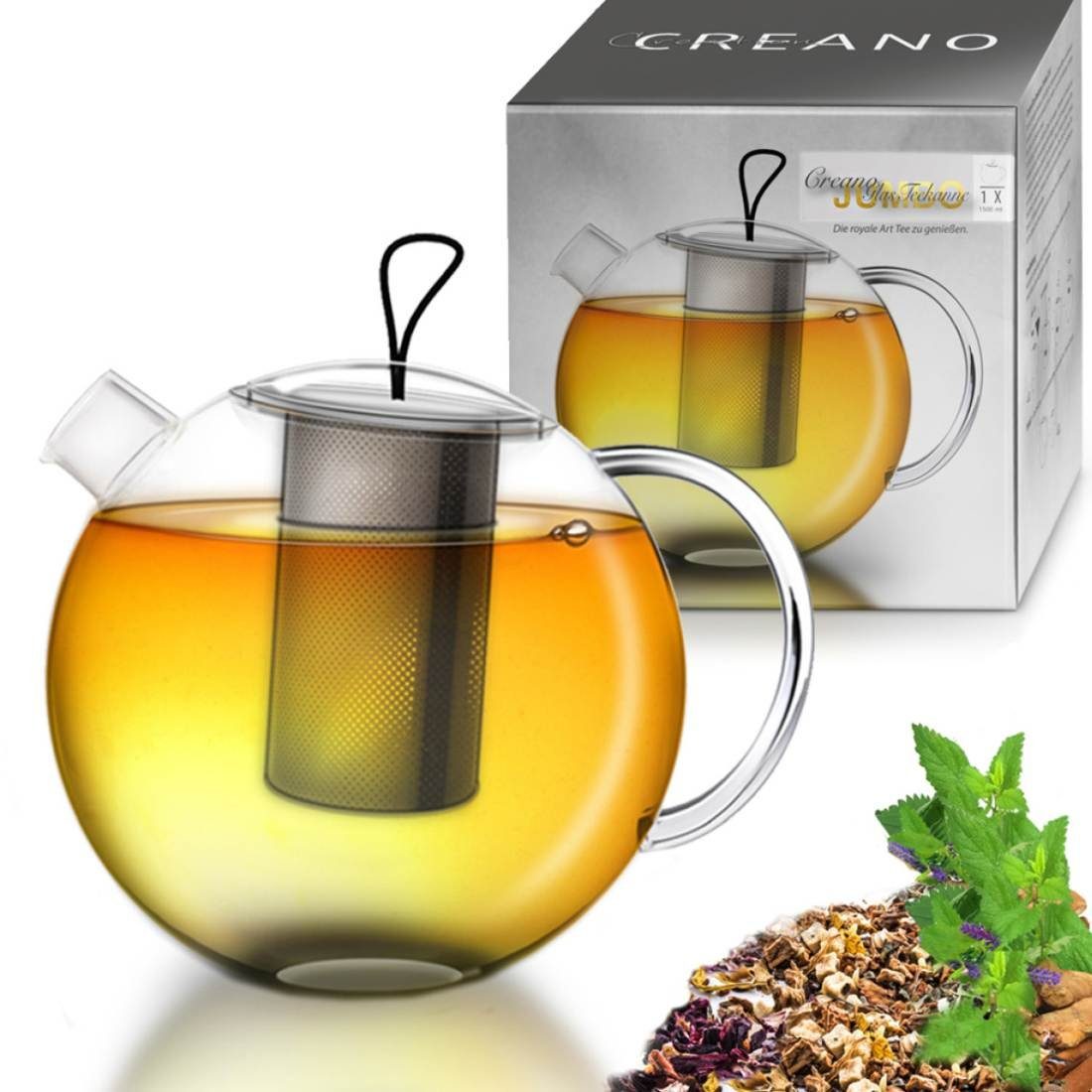 Creano Teekanne Creano Teekanne 1,5l Jumbo, 3-teilige Glasteekanne im Teekannenset, 1,5 l, (Set), Mit Silikonschlaufe