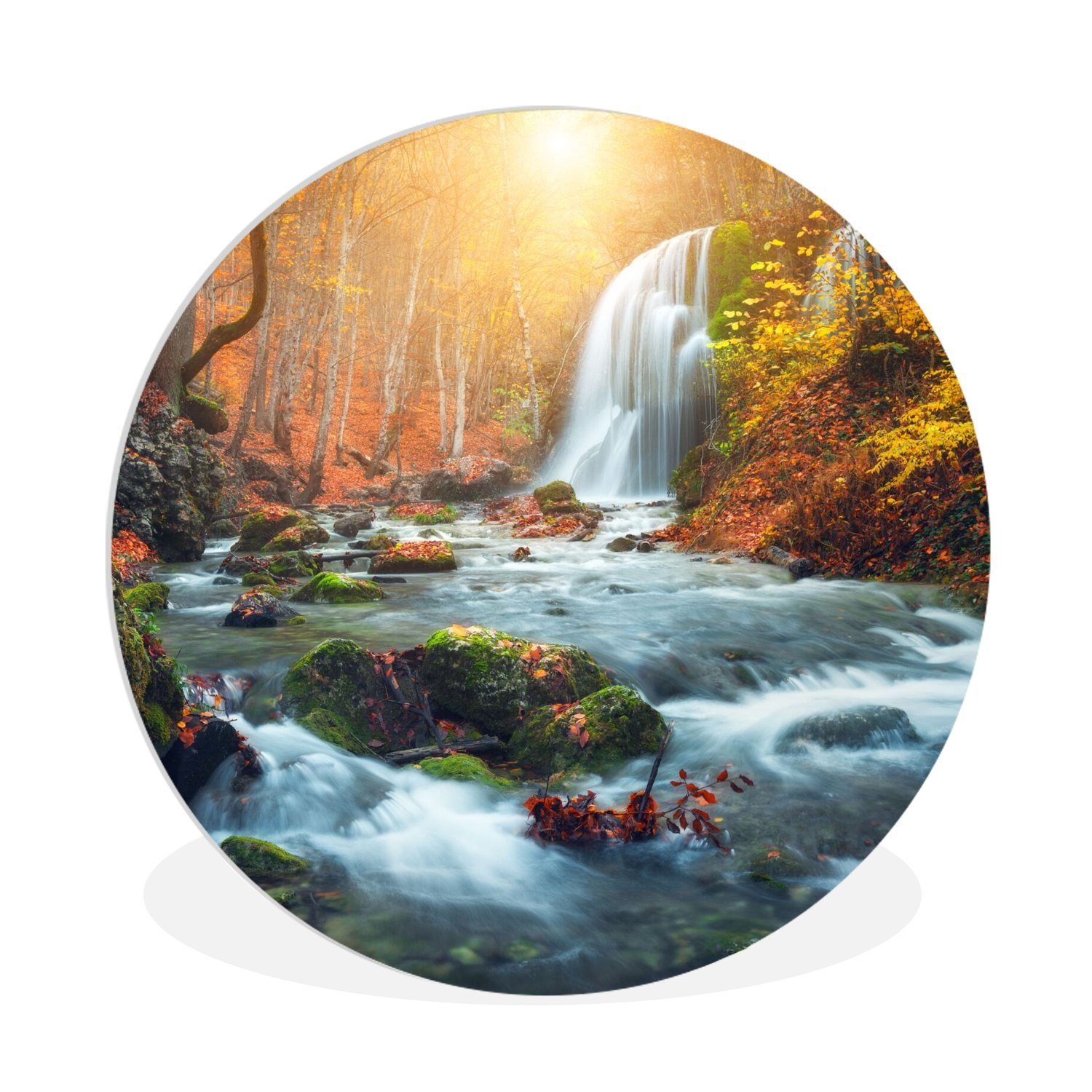 - Rundes MuchoWow Wasserfall - 30x30 Wanddekoration Kreis Forex, Wandbild, St), (1 Wohnzimmer, Gemälde cm Herbst, Sonne