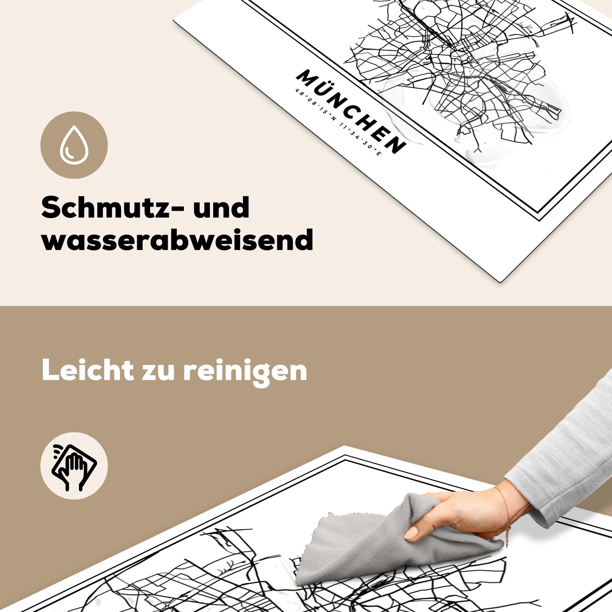 MuchoWow Herdblende-/Abdeckplatte Karte - Stadtplan Vinyl, (1 Schwarz-Weiß, - - Deutschland für Induktionskochfeld küche, die München cm, - Schutz tlg), Ceranfeldabdeckung 81x52