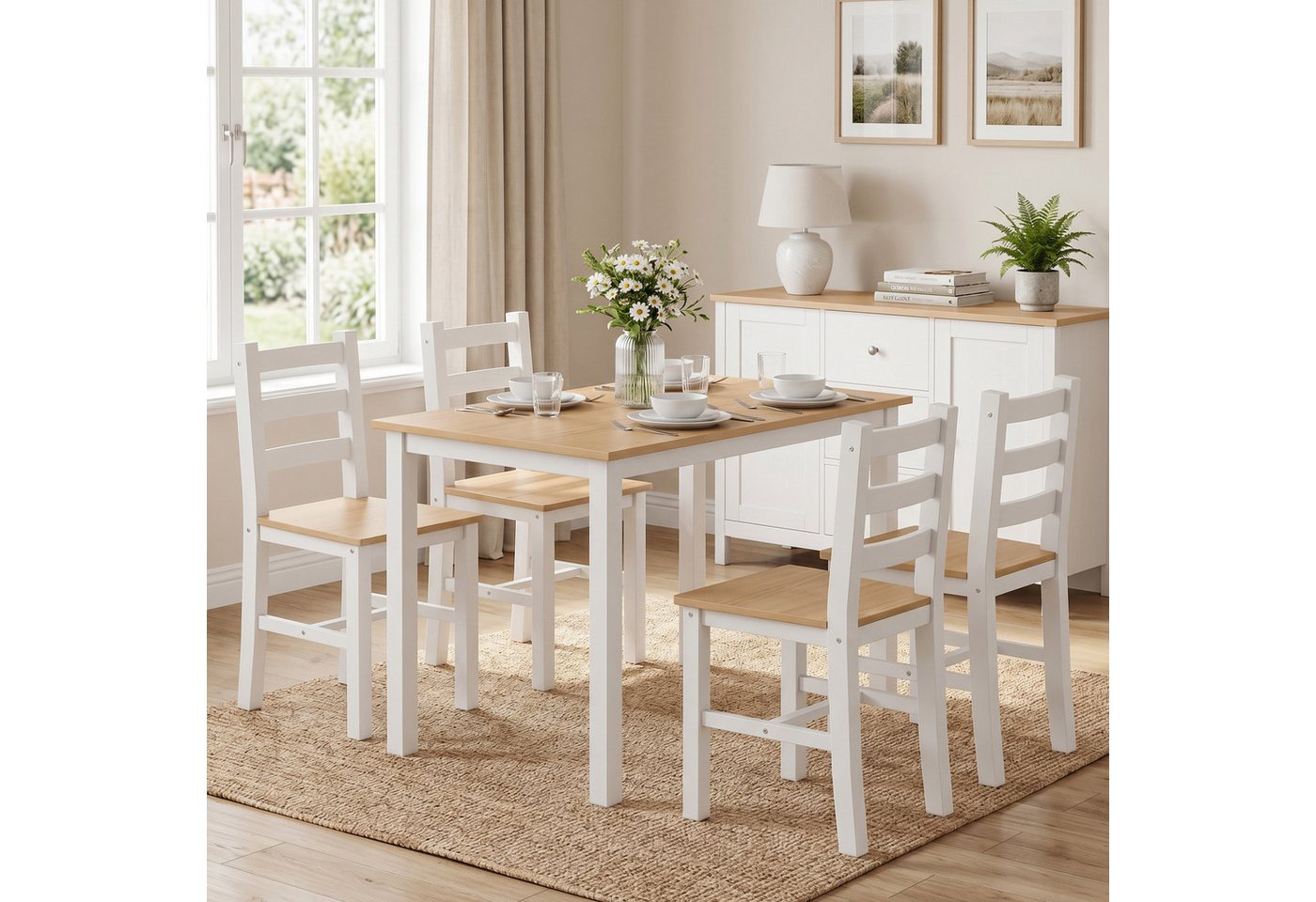 HOMCOM Essgruppe Esstisch mit 4 Stühlen aus Massivholz, (Set, 5-tlg., 1 Tisch, 4 Stühle), Platzsparendes Set, Stühle unterschiebbar