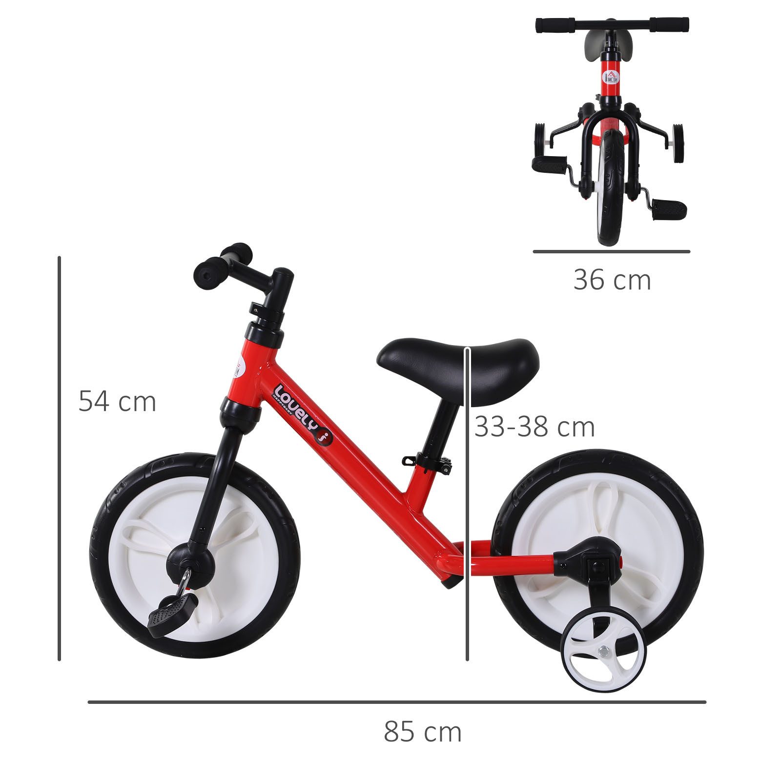 HOMCOM Laufrad Kinder Lauflernrad ab 2-5 Jahre mit Stützrädern 12 Zoll, Rot 85 x 36 x 54 cm – Bild 3 von 5