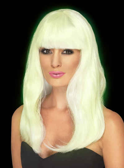 Smiffys Kostüm-Perücke Lange Haare weiß Glow in the Dark, Neon Perücke mit Nachtleucht-Effekt