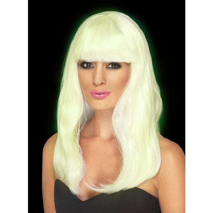 Smiffys Kostüm Lange Haare weiß Glow in the Dark Neon Perücke mit Nachtleucht-Effekt