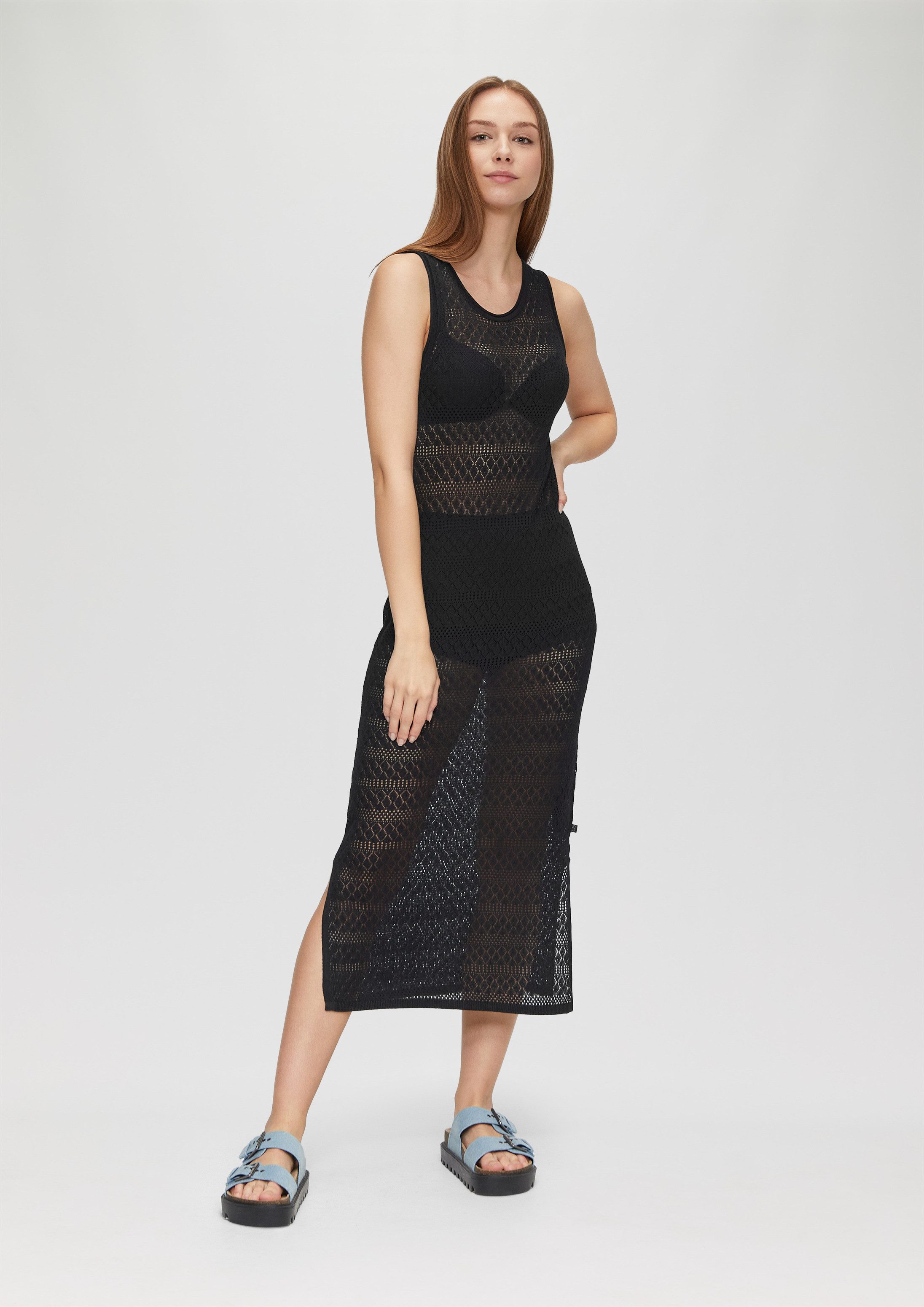 QS Midikleid Kleid Transparentes Feinstrick-Kleid mit Ajourmuster