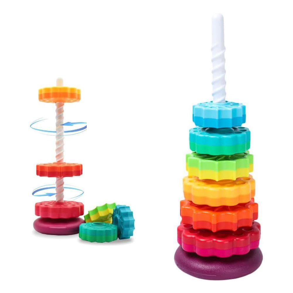 CLTYQ Stapelspielzeug 40 cm groß Stapelturm Baby Kinderspielzeug ab 1 2 3 Jahre, (Enthält einen spiralförmigen Stab, eine drehbare Basisplatte mit Rassel und sechs Kunststoffsterne-Ringe. Ein Spielzeug für das Stapeln von Ringen mit schraubenförmigem Zahnrad), Farbring Pyramide mit Spiralgewinde Stapel Ringe für Kinder