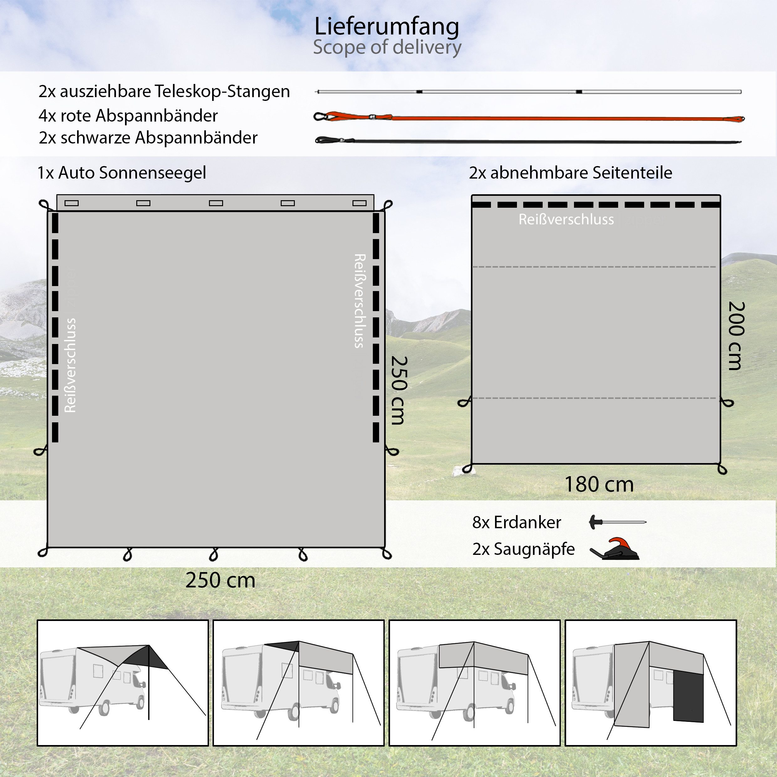 ONVAYA Sonnensegel Auto-Sonnensegel, Schutz vor Wind, Regen, Sonne, 6 Aufba günstig online kaufen