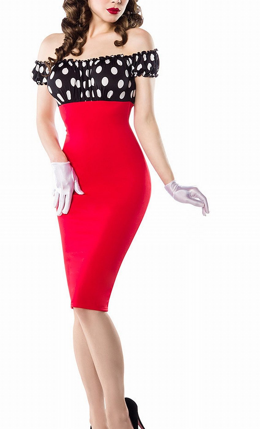 Atixo Minikleid Schulterfreies Damen Pencilkleid in rot mit weißen Punkten Vintageklei