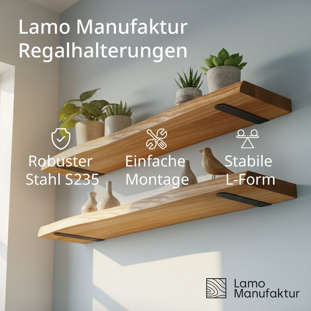 LAMO Manufaktur Wandregalhalter Unsichtbar Schwerlastwinkel 25cm 2 St. Schwarz L Winkel, 2 Stück 2-tlg., Metallwinkel 90 Grad Bücherregal, Pflanzenregal, Holzregale