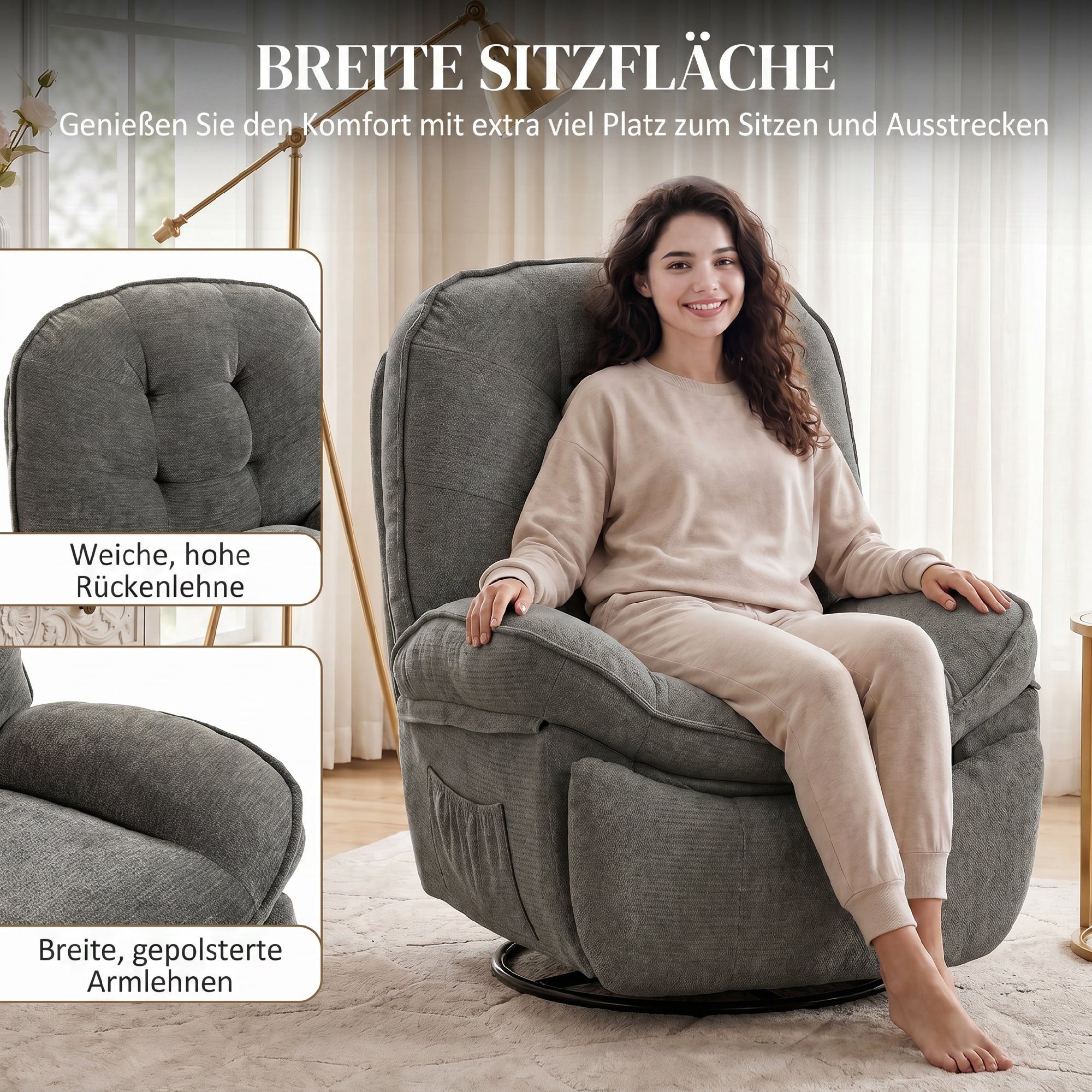 HOMCOM Relaxsessel Fernsehsessel Liegesessel mit Liegefunktion, Wippfunktion (Set, 1-St., Ruhesessel), 360° drehbar, wippend, bis 145° neigbar – Bild 5 von 5