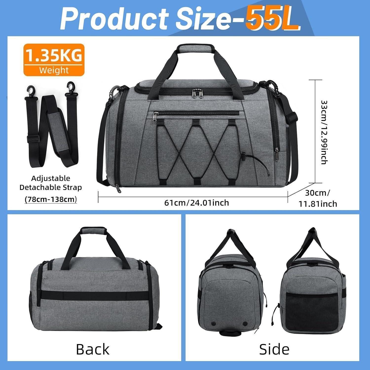 LuxusKollektion Sporttasche Sporttasche Herren Damen 55L mit Schuhfach Nassfach wasserdicht Grau
