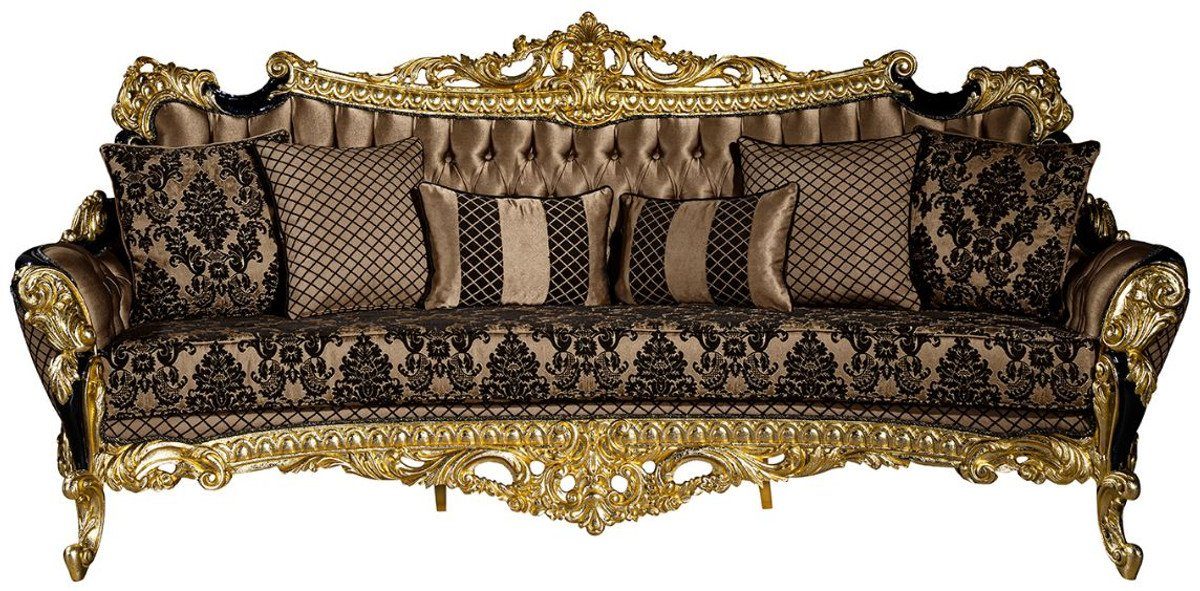 Casa Padrino Sofa Luxus Barock Sofa Braun / Schwarz / Gold 260 x 110 x H. 117 cm - Prunkvolles Wohnzimmer Sofa mit dekorativen Kissen - Edle Barock Möbel